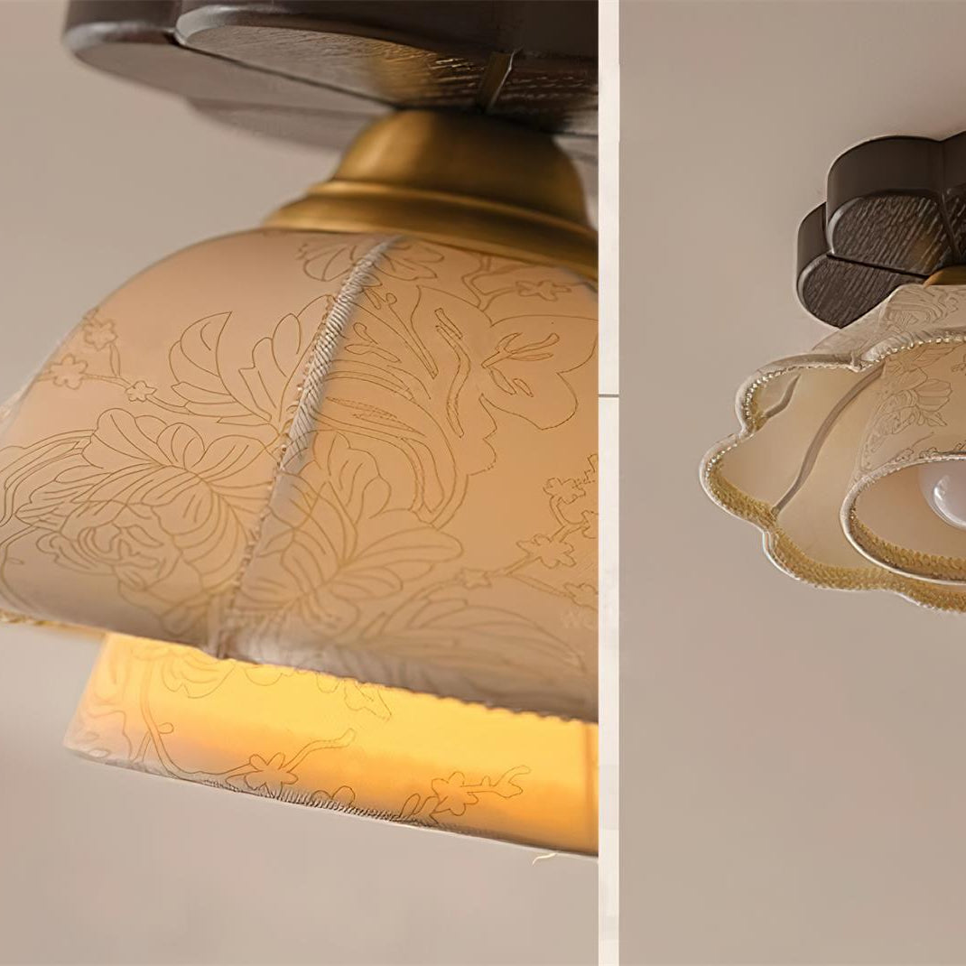 Ceiling Light Scalloped Fabric Shade Walnut Wood Canopy Vintage - Letslighting