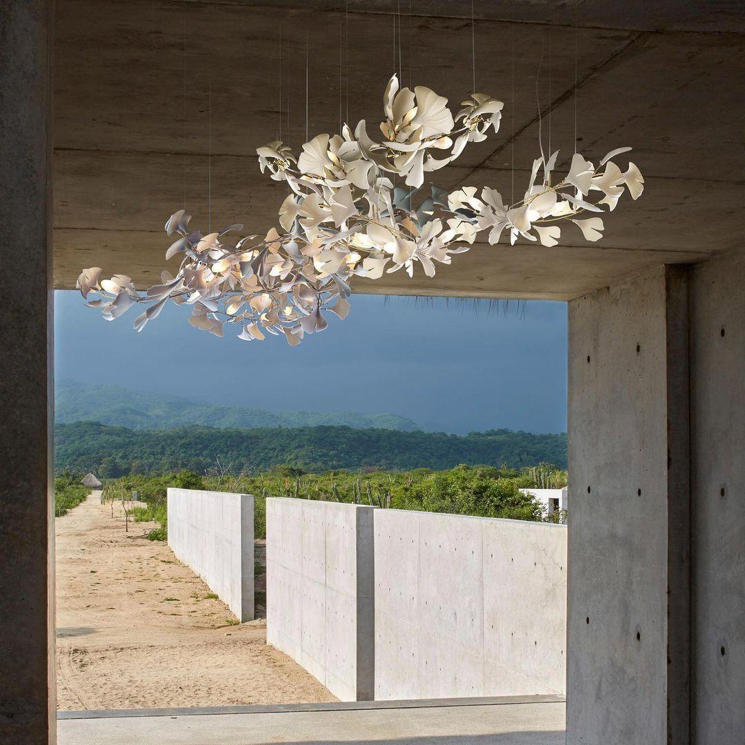 Chandelier Metal Frame Ceramic Gingko Leaf Shade White Gold Modern - Neutralighting