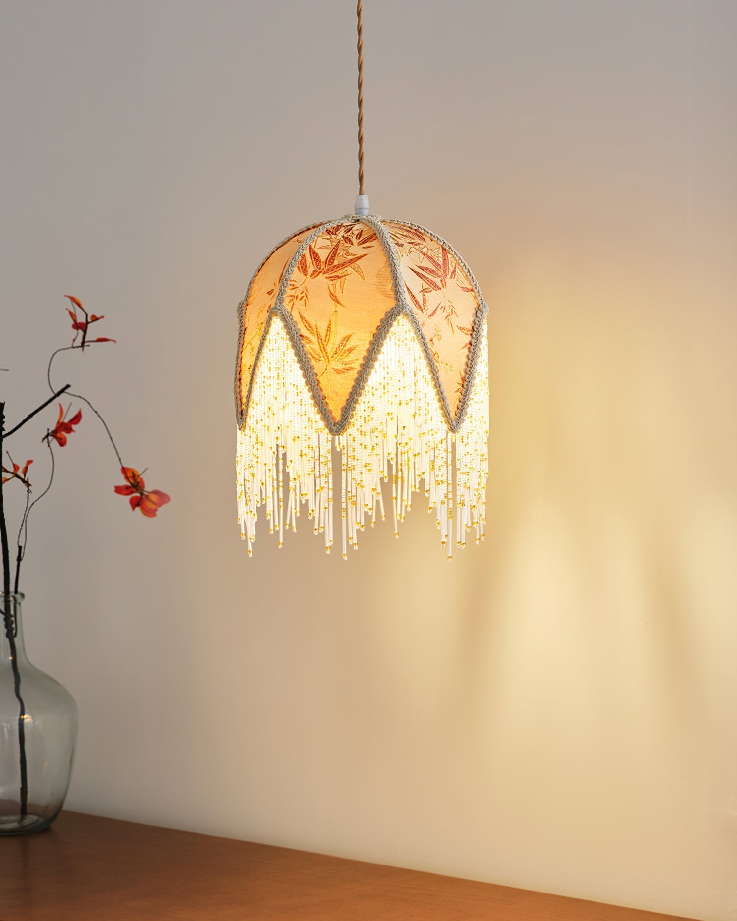 Magnolia Pendant Lamp Tassel Fabric Floral Bamboo Fringe - Letslighting