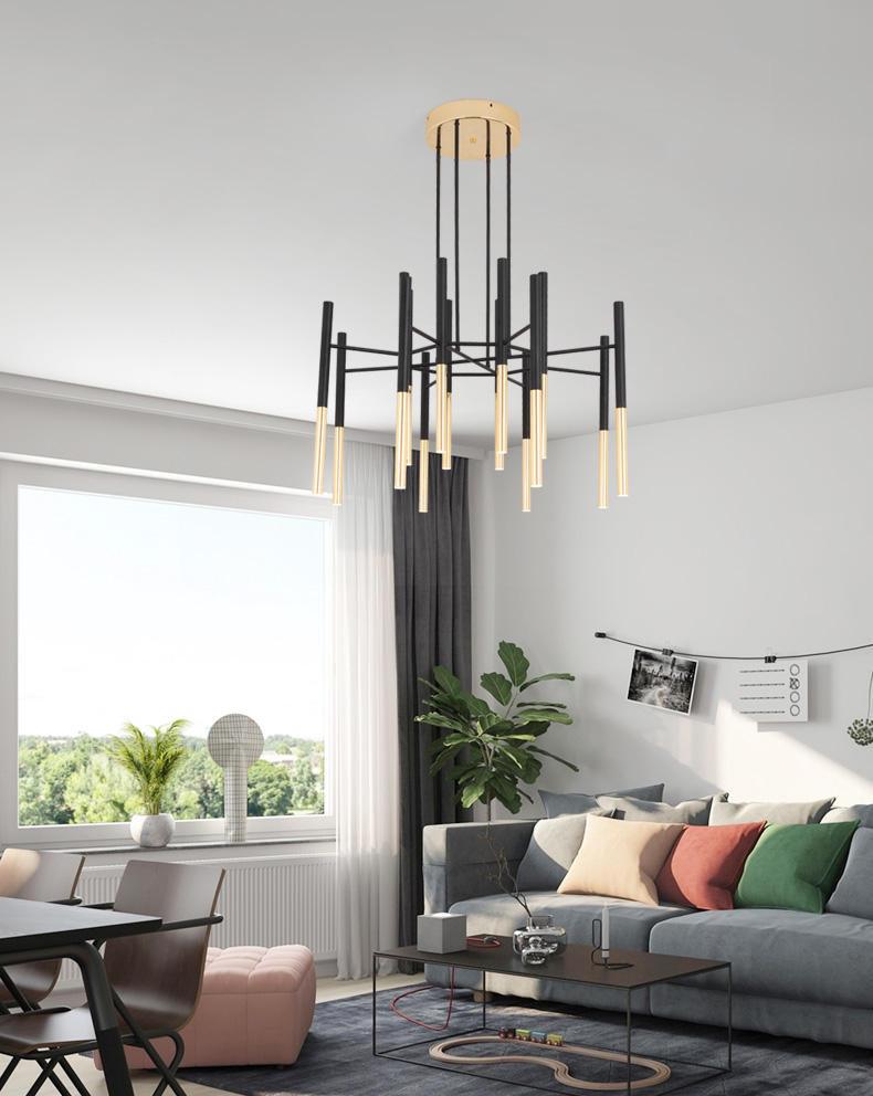 Solara Chandelier Modern Rods Black Gold - Letslighting