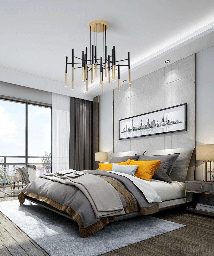Solara Chandelier Modern Rods Black Gold - Letslighting