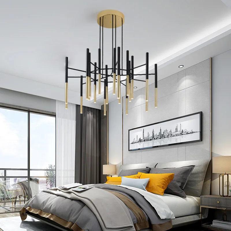 Solara Chandelier Modern Rods Black Gold - Letslighting