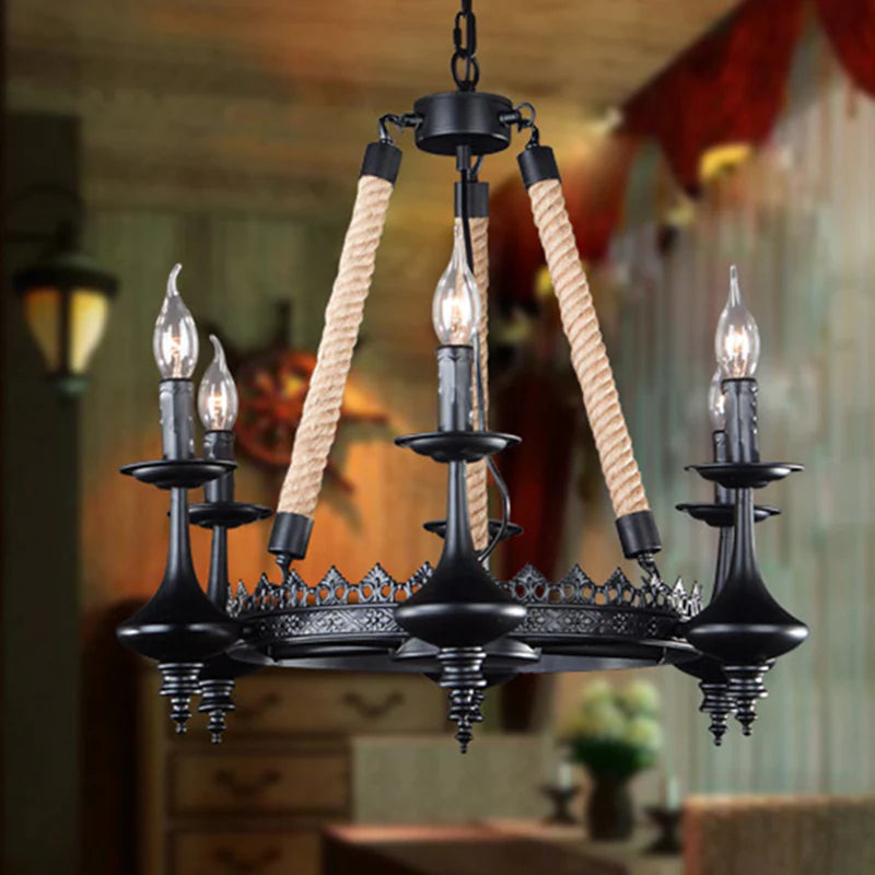 Epoch Retro Candle Chandelier Black Metal/Rope Restaurant/Bar