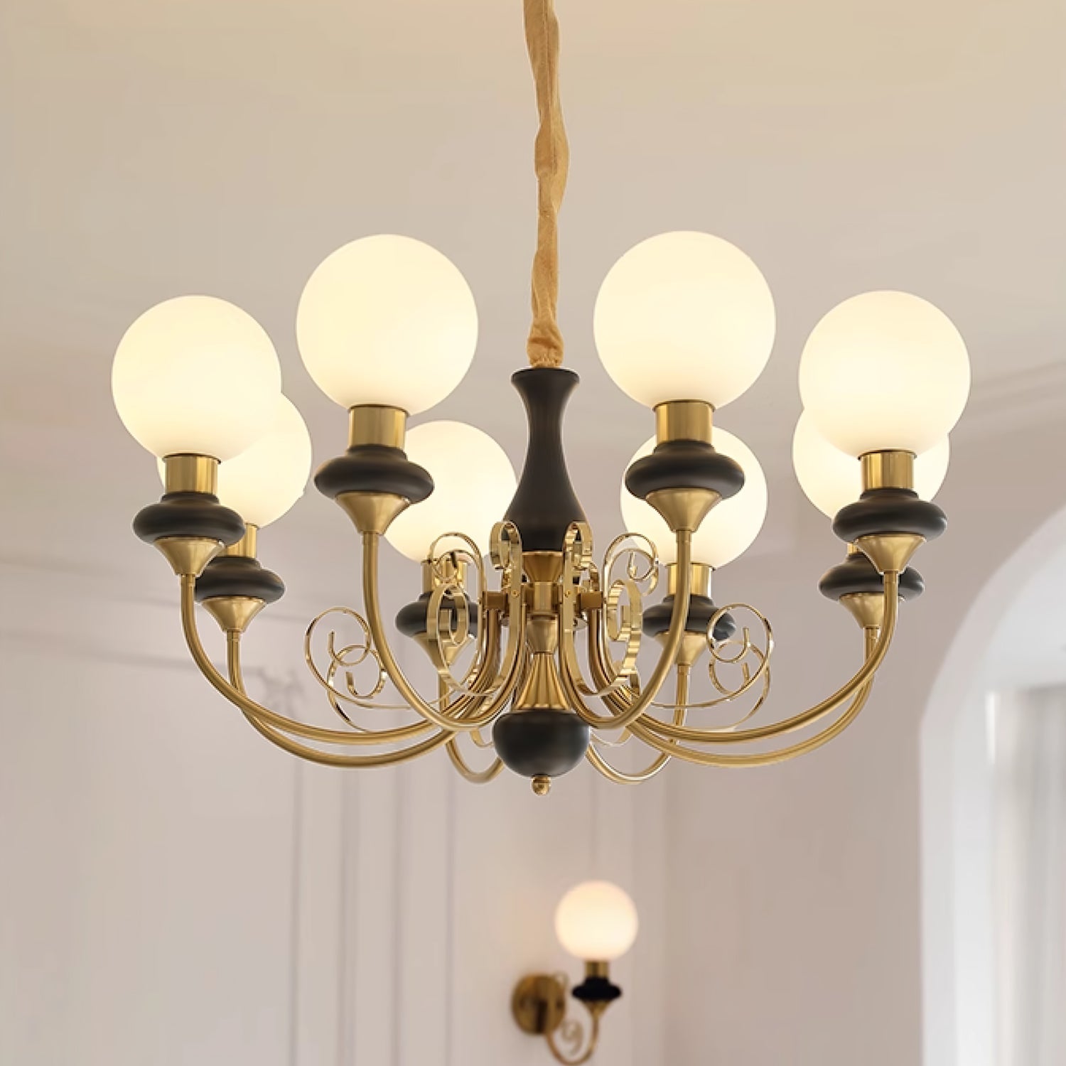 Lustra Chandelier Green Shades Gold Curved Arms - Letslighting