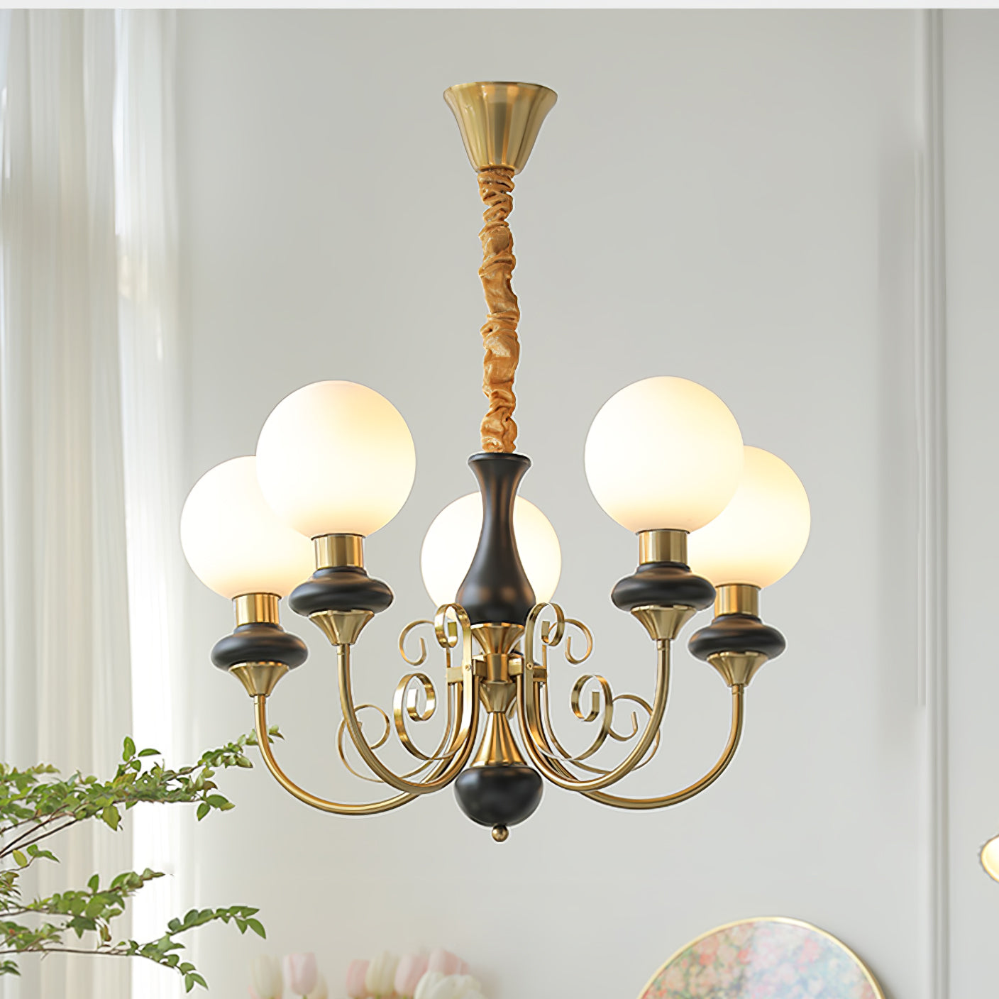 Lustra Chandelier Green Shades Gold Curved Arms - Letslighting