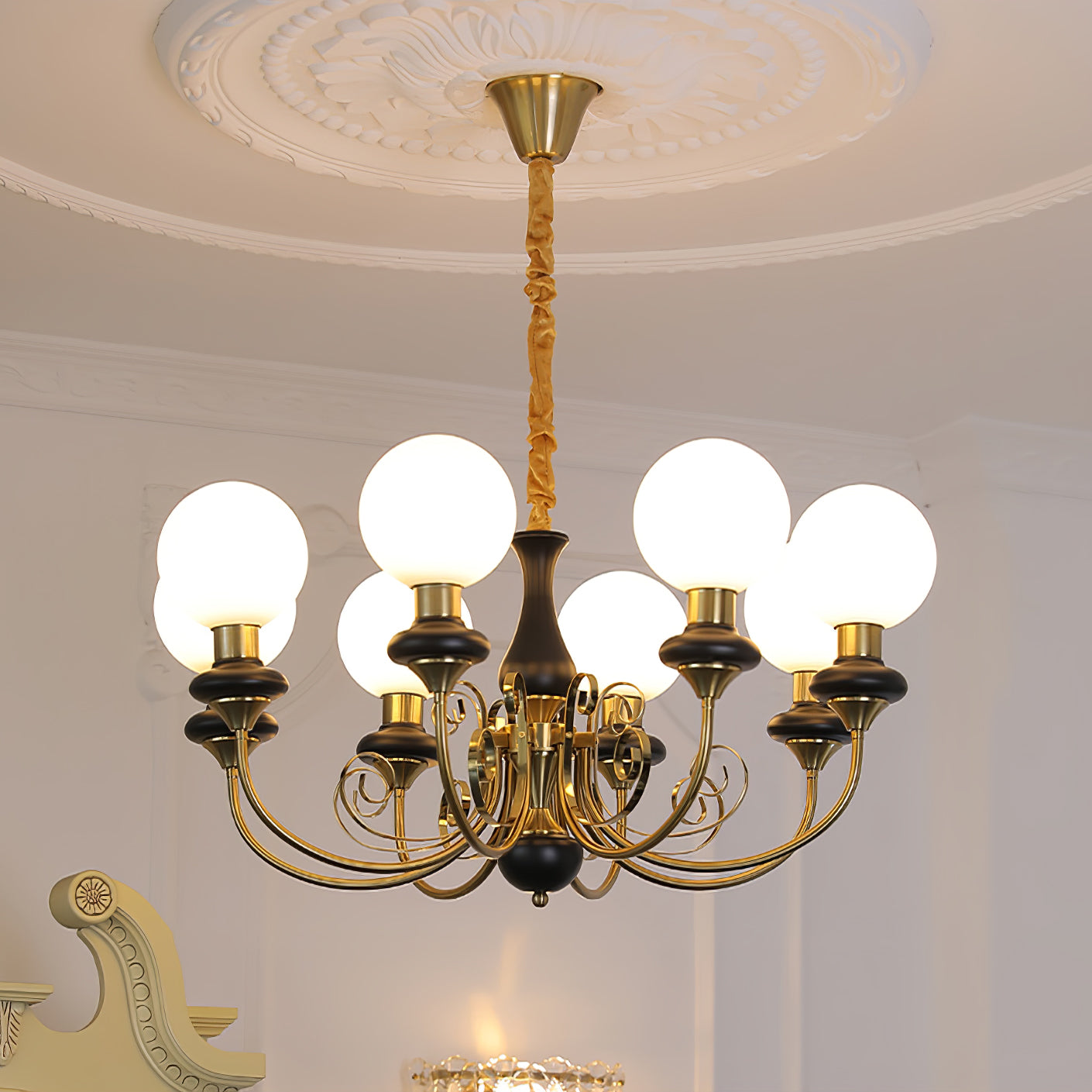 Lustra Chandelier Green Shades Gold Curved Arms - Letslighting