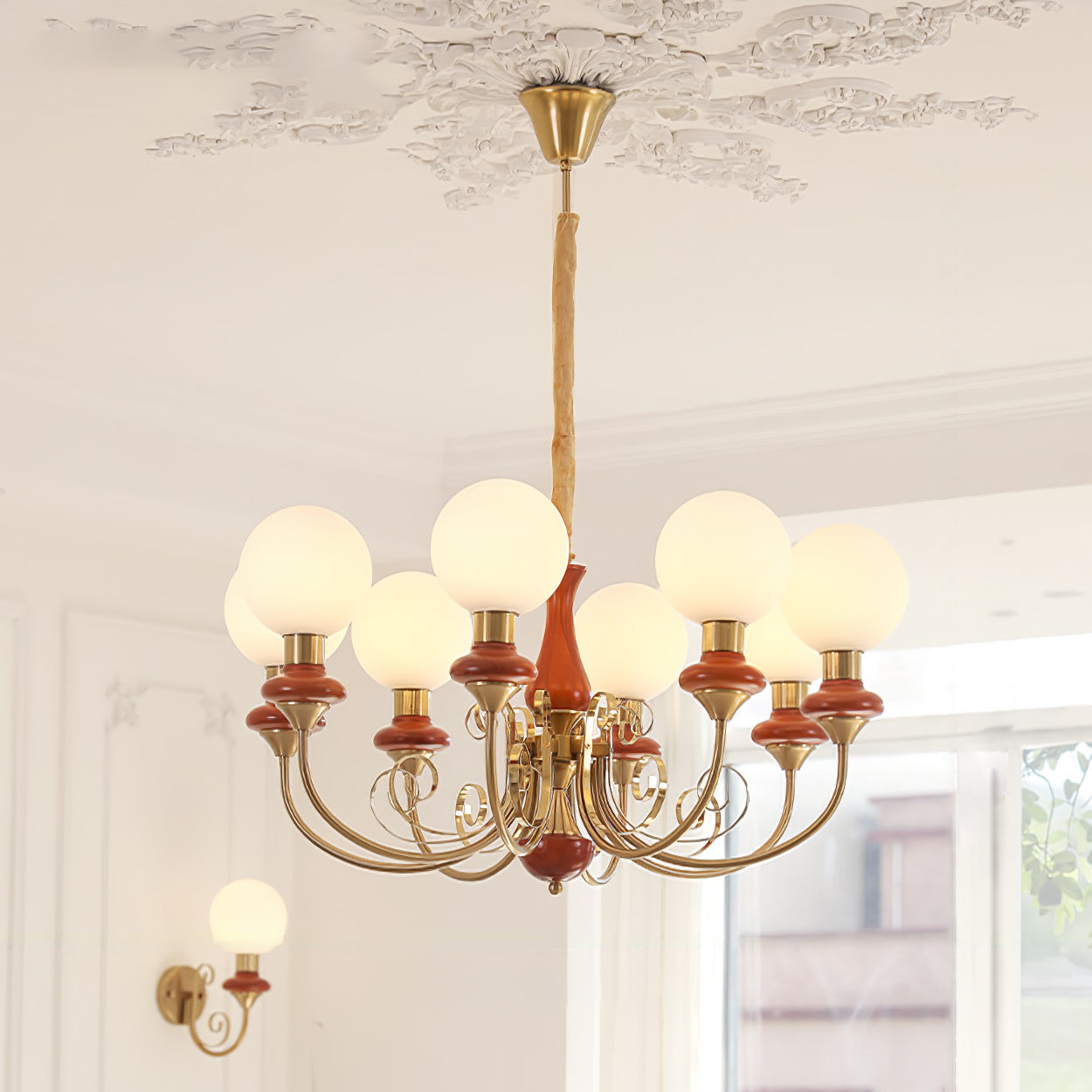 Lustra Chandelier Green Shades Gold Curved Arms - Letslighting