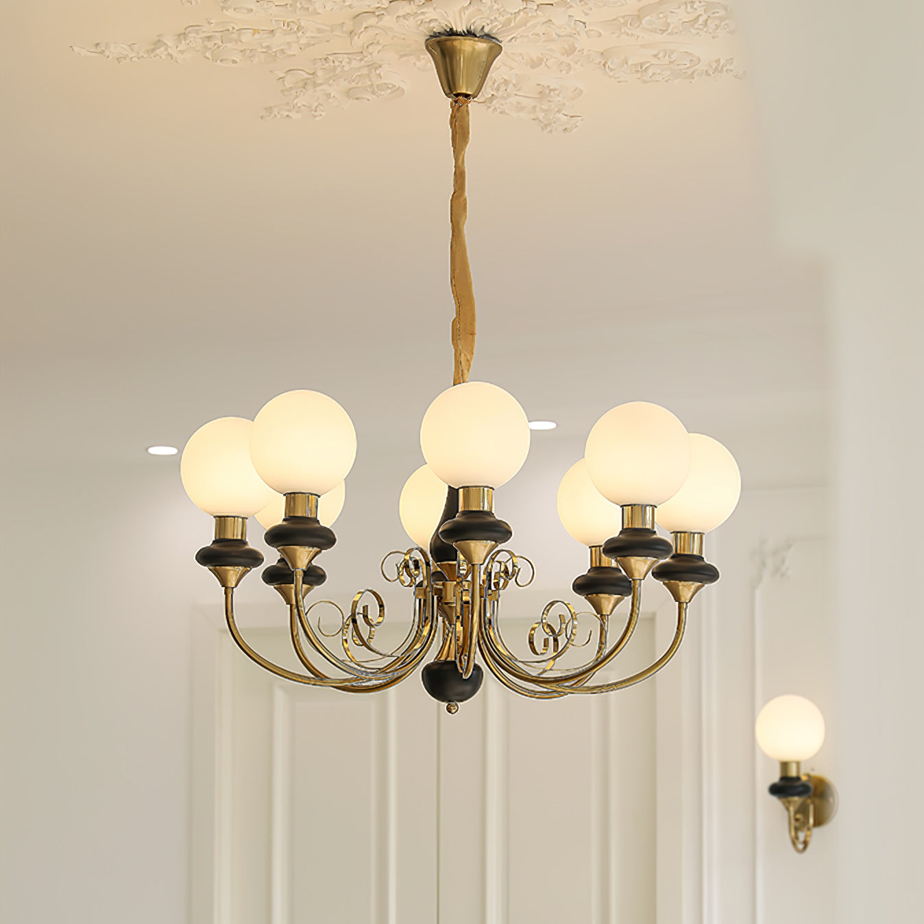 Lustra Chandelier Green Shades Gold Curved Arms - Letslighting