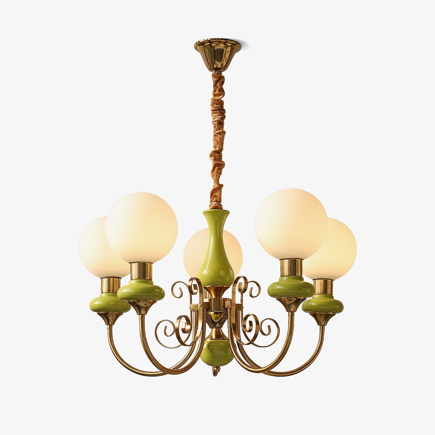 Lustra Chandelier Green Shades Gold Curved Arms - Letslighting
