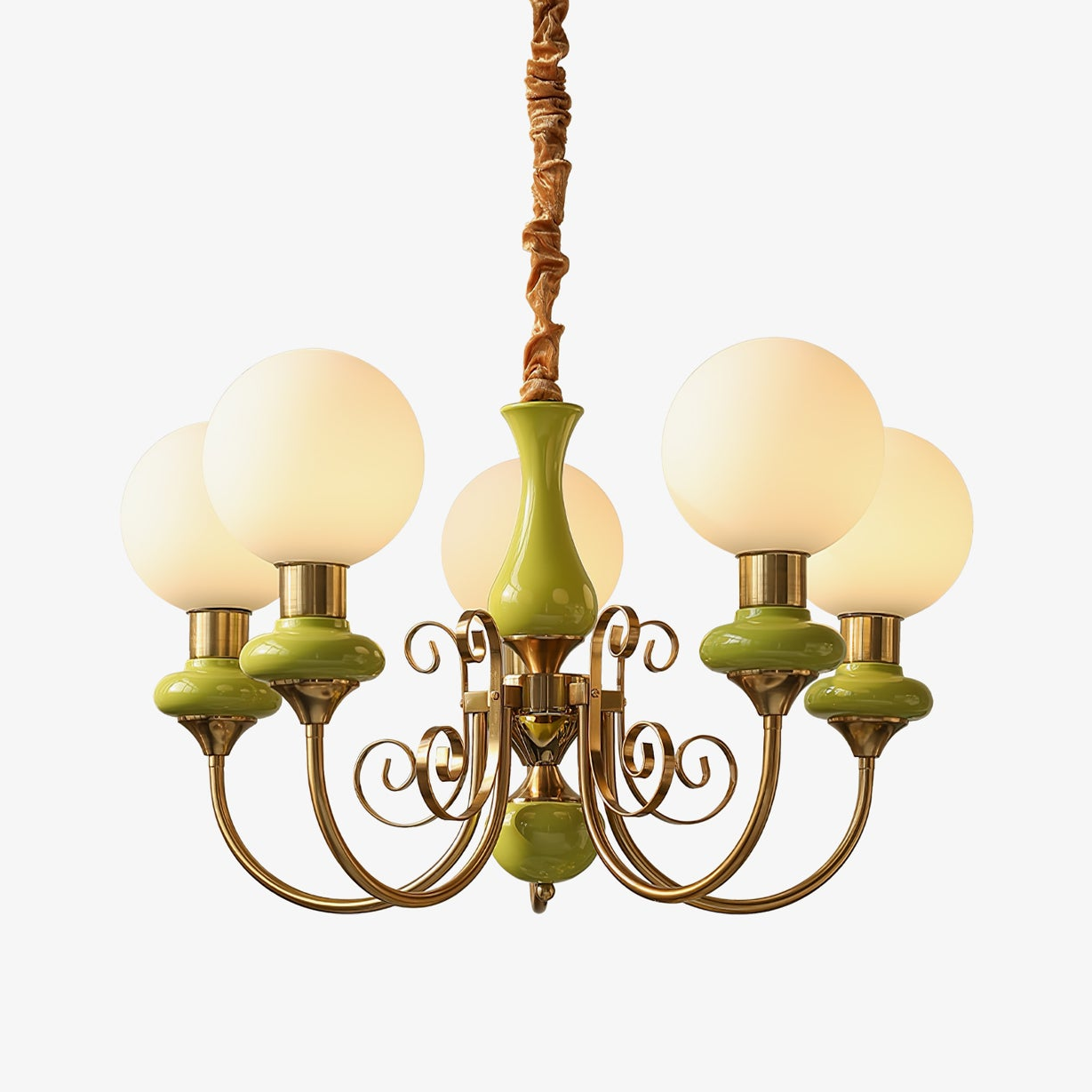 Lustra Chandelier Green Shades Gold Curved Arms - Letslighting