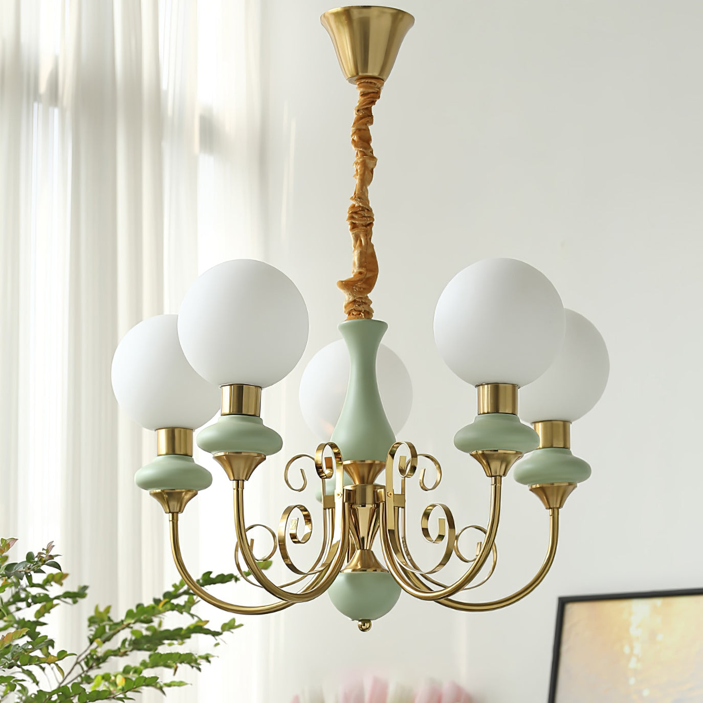 Lustra Chandelier Green Shades Gold Curved Arms - Letslighting