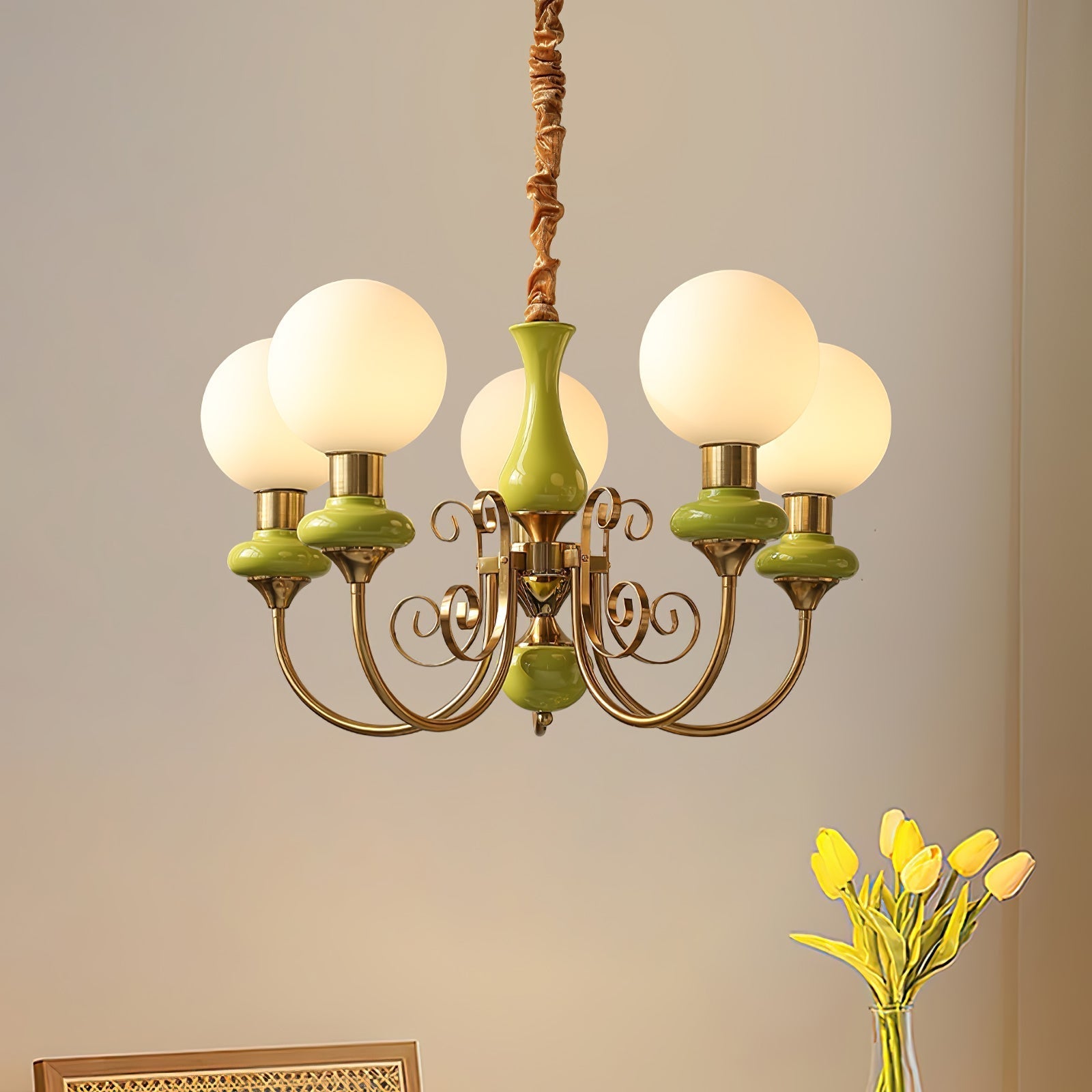 Lustra Chandelier Green Shades Gold Curved Arms - Letslighting
