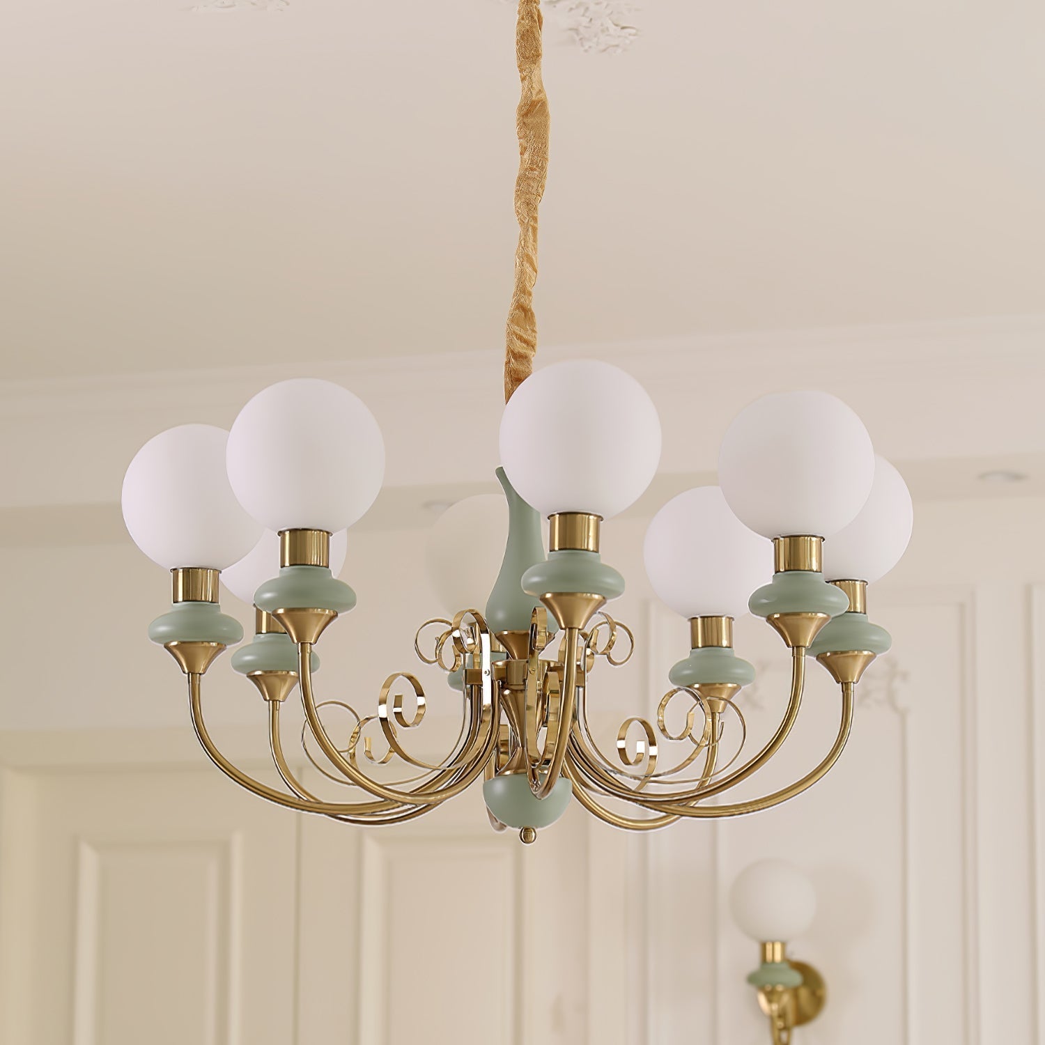 Lustra Chandelier Green Shades Gold Curved Arms - Letslighting