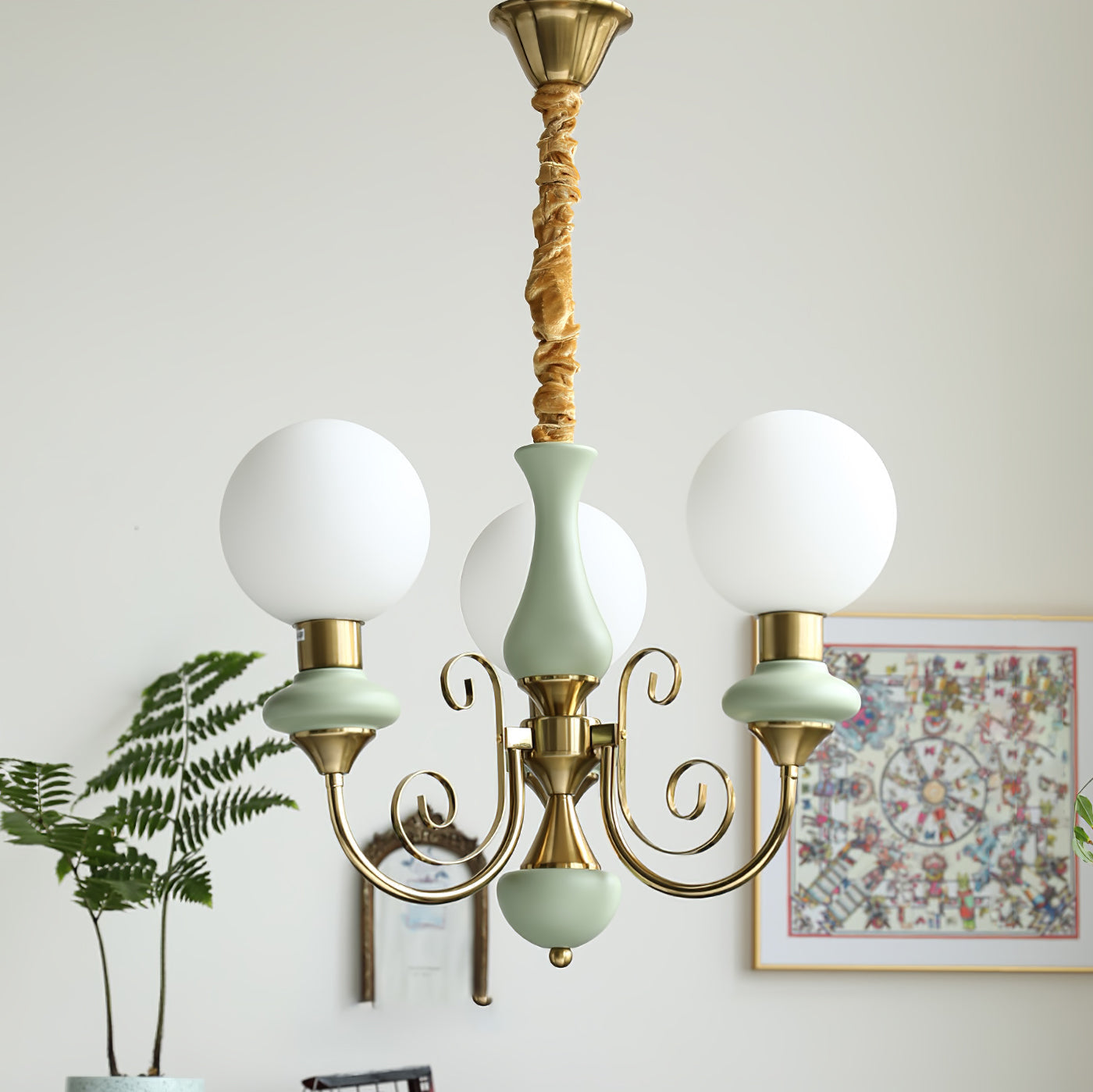 Lustra Chandelier Green Shades Gold Curved Arms - Letslighting
