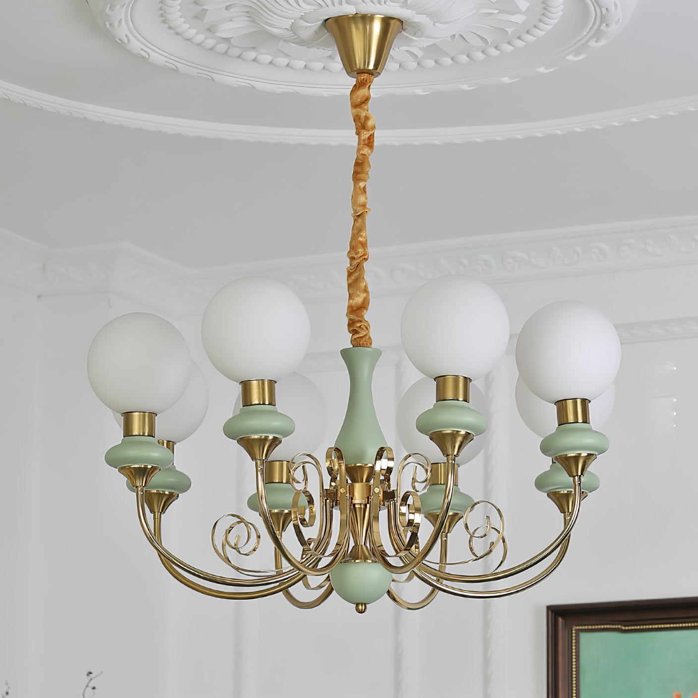 Lustra Chandelier Green Shades Gold Curved Arms - Letslighting