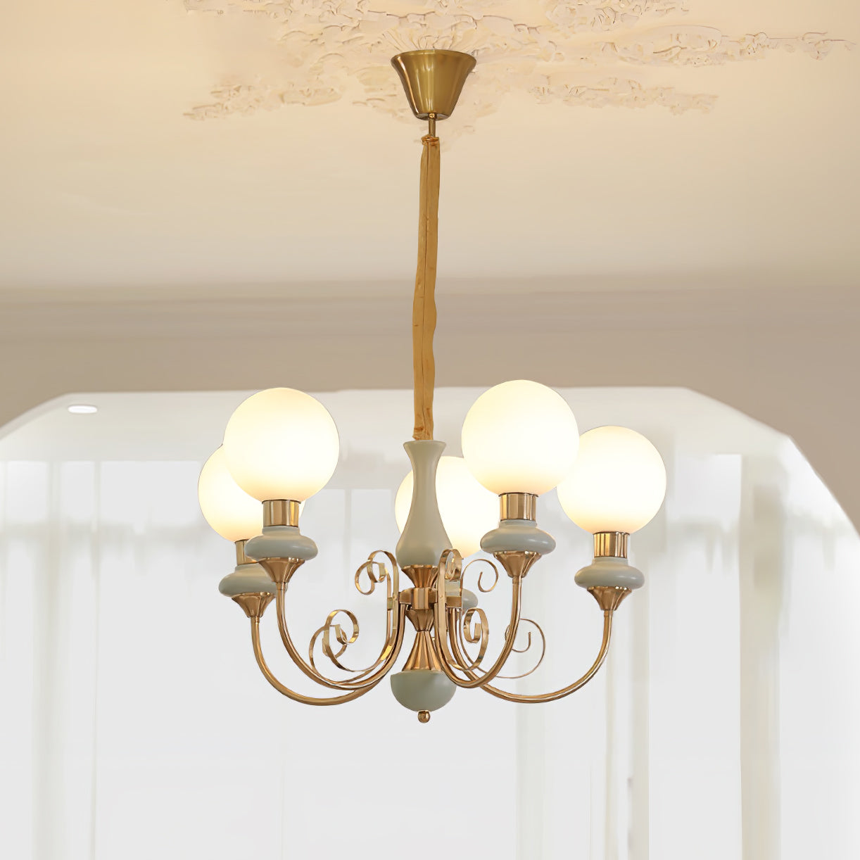 Lustra Chandelier Green Shades Gold Curved Arms - Letslighting