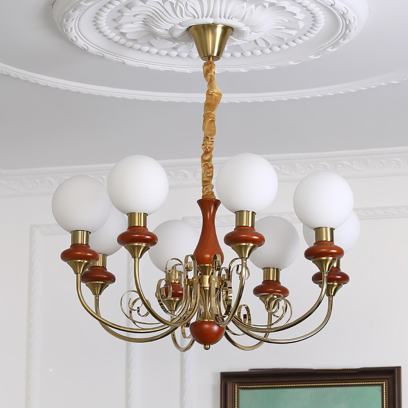 Lustra Chandelier Green Shades Gold Curved Arms - Letslighting