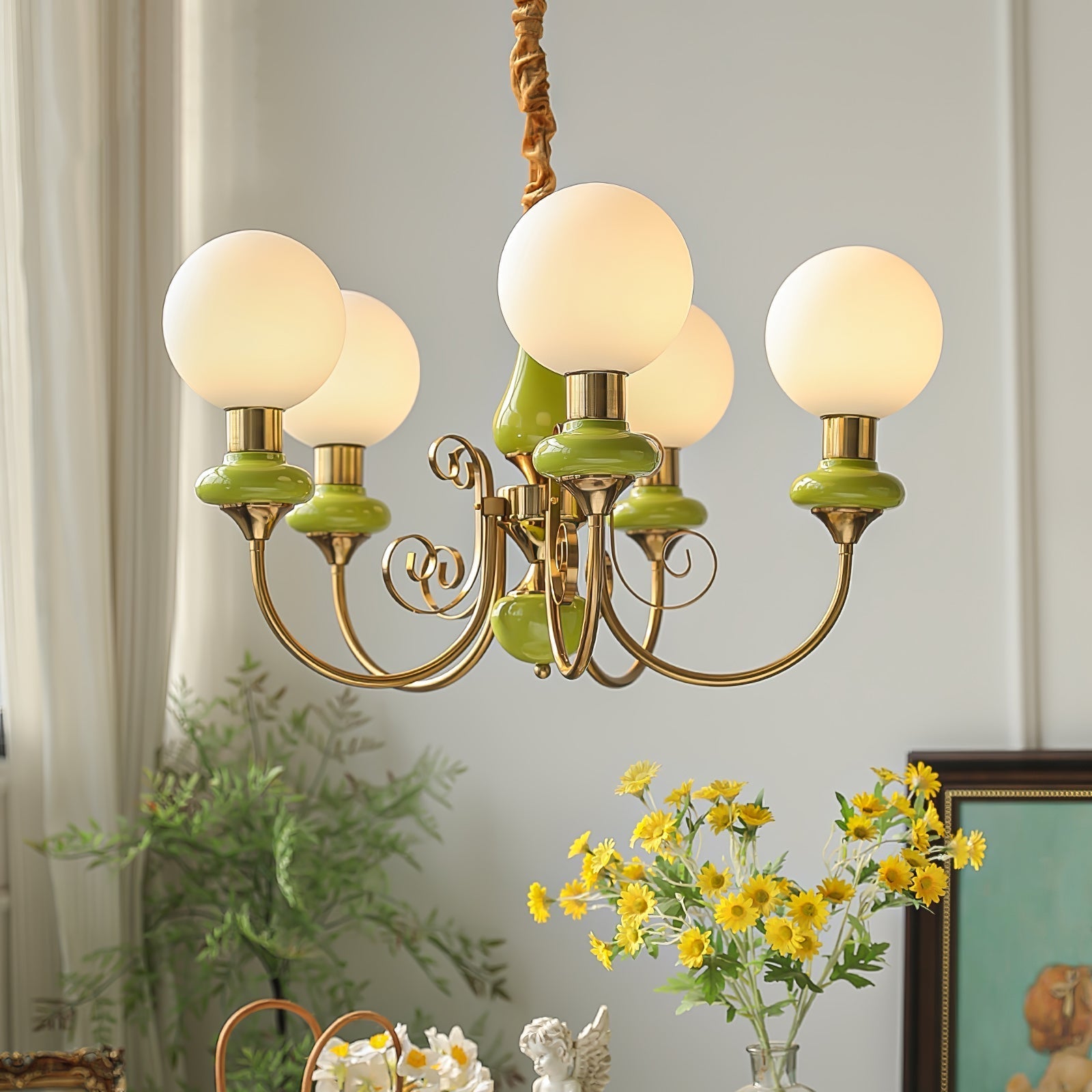 Lustra Chandelier Green Shades Gold Curved Arms - Letslighting
