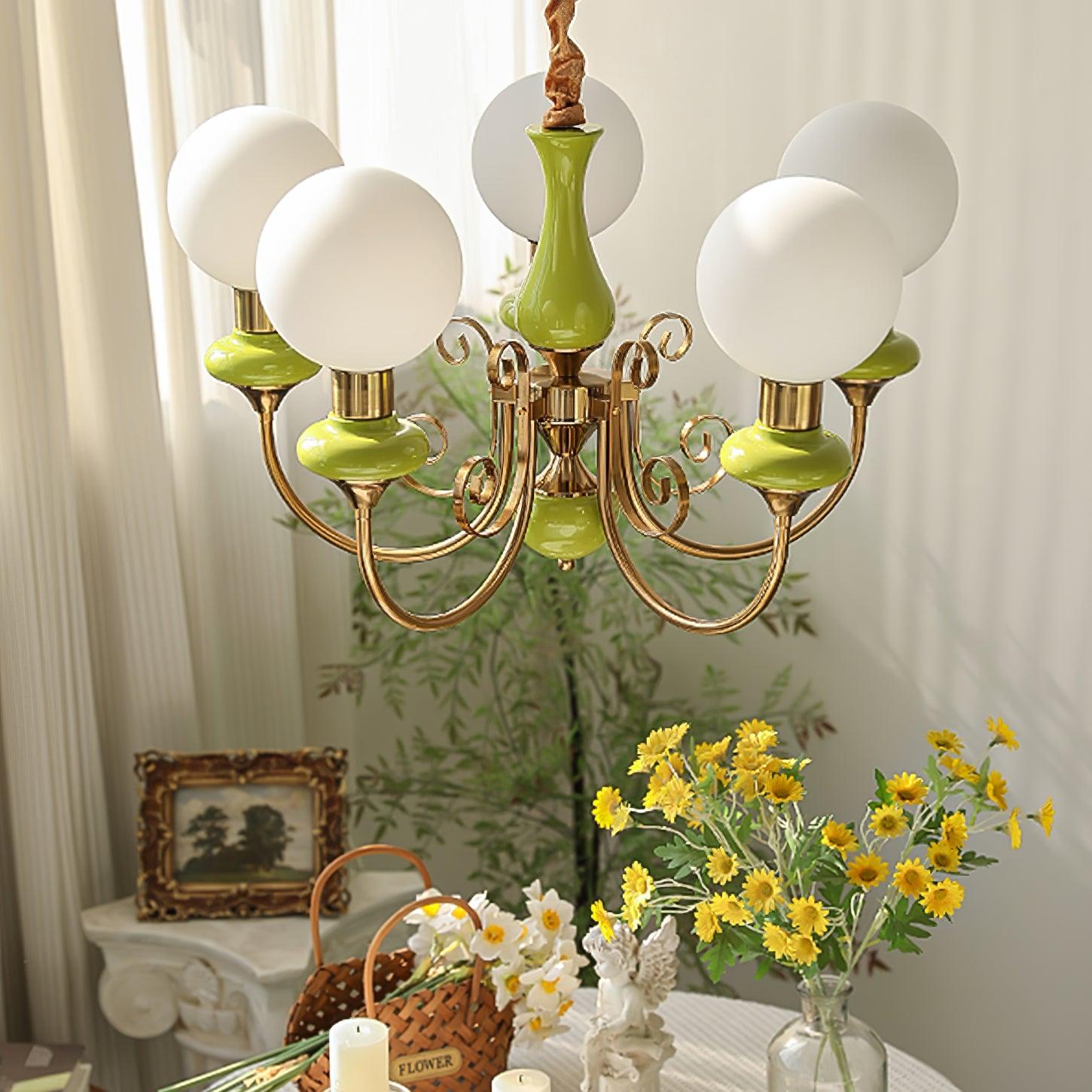 Lustra Chandelier Green Shades Gold Curved Arms - Letslighting
