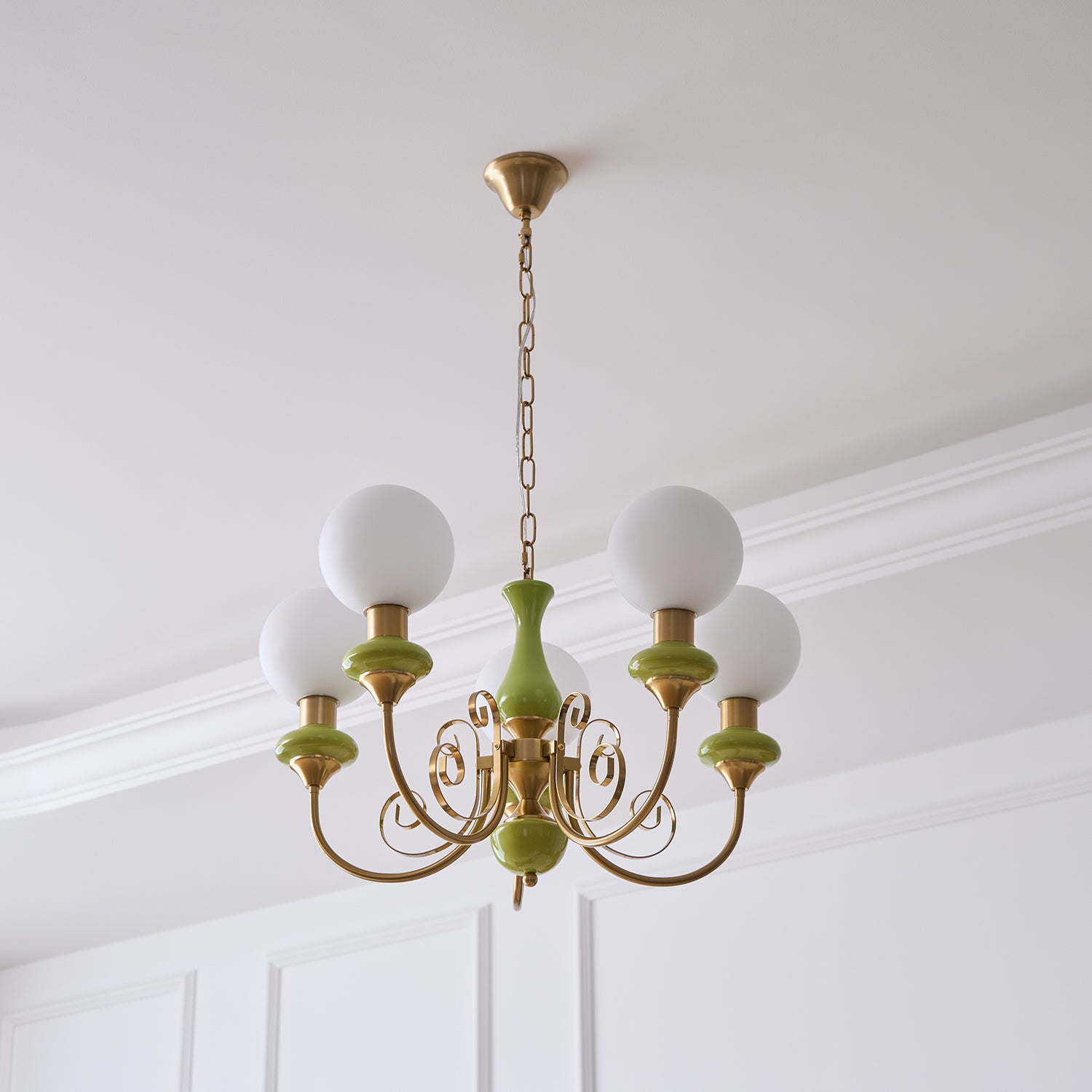Lustra Chandelier Green Shades Gold Curved Arms - Letslighting