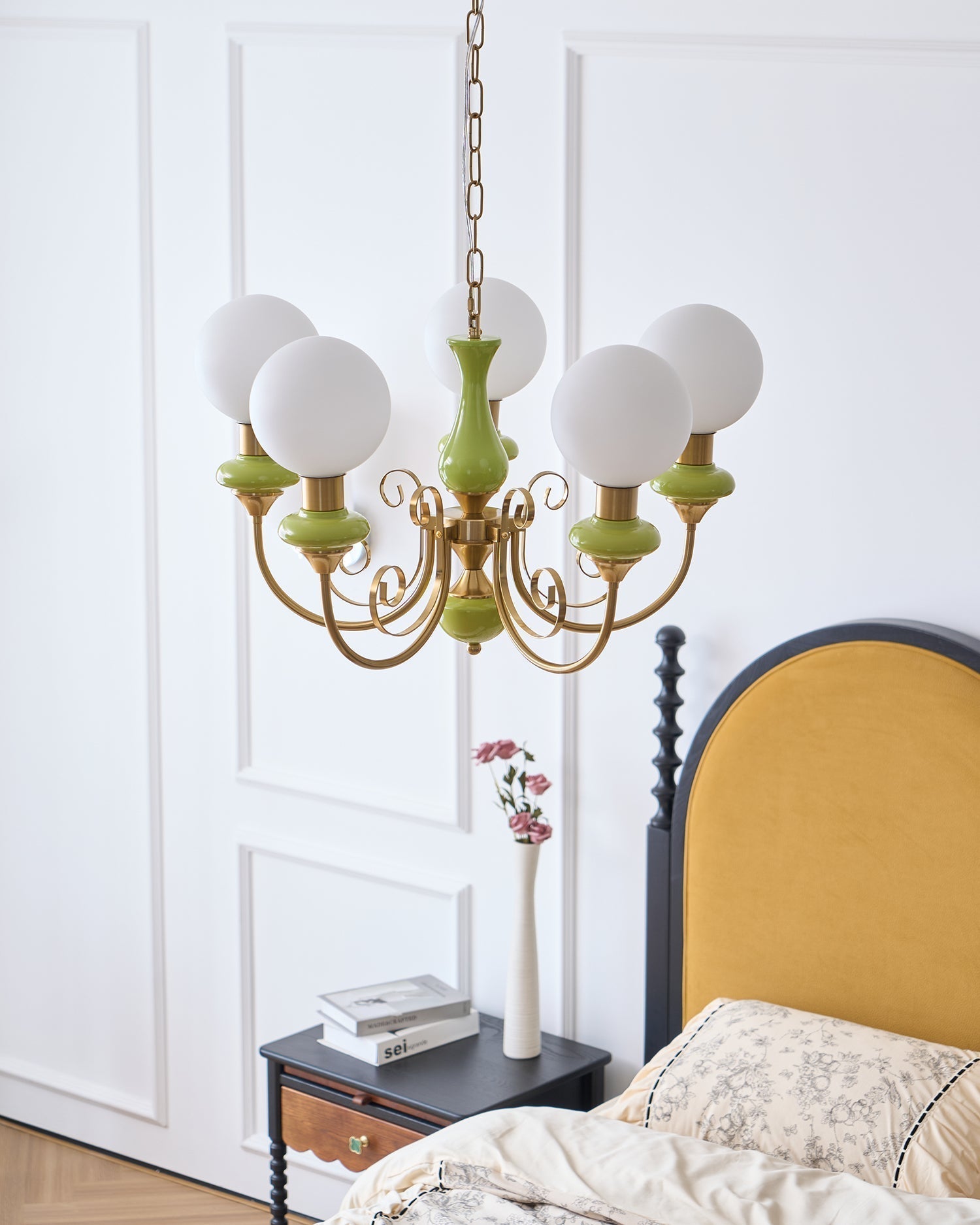 Lustra Chandelier Green Shades Gold Curved Arms - Letslighting