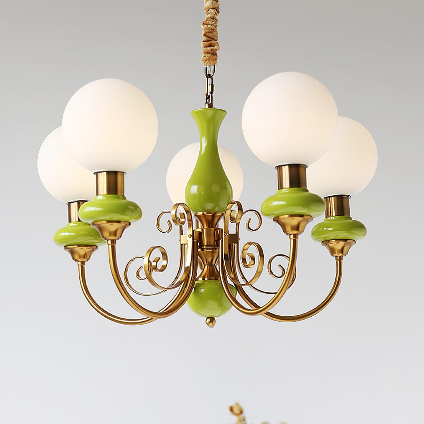 Lustra Chandelier Green Shades Gold Curved Arms - Letslighting
