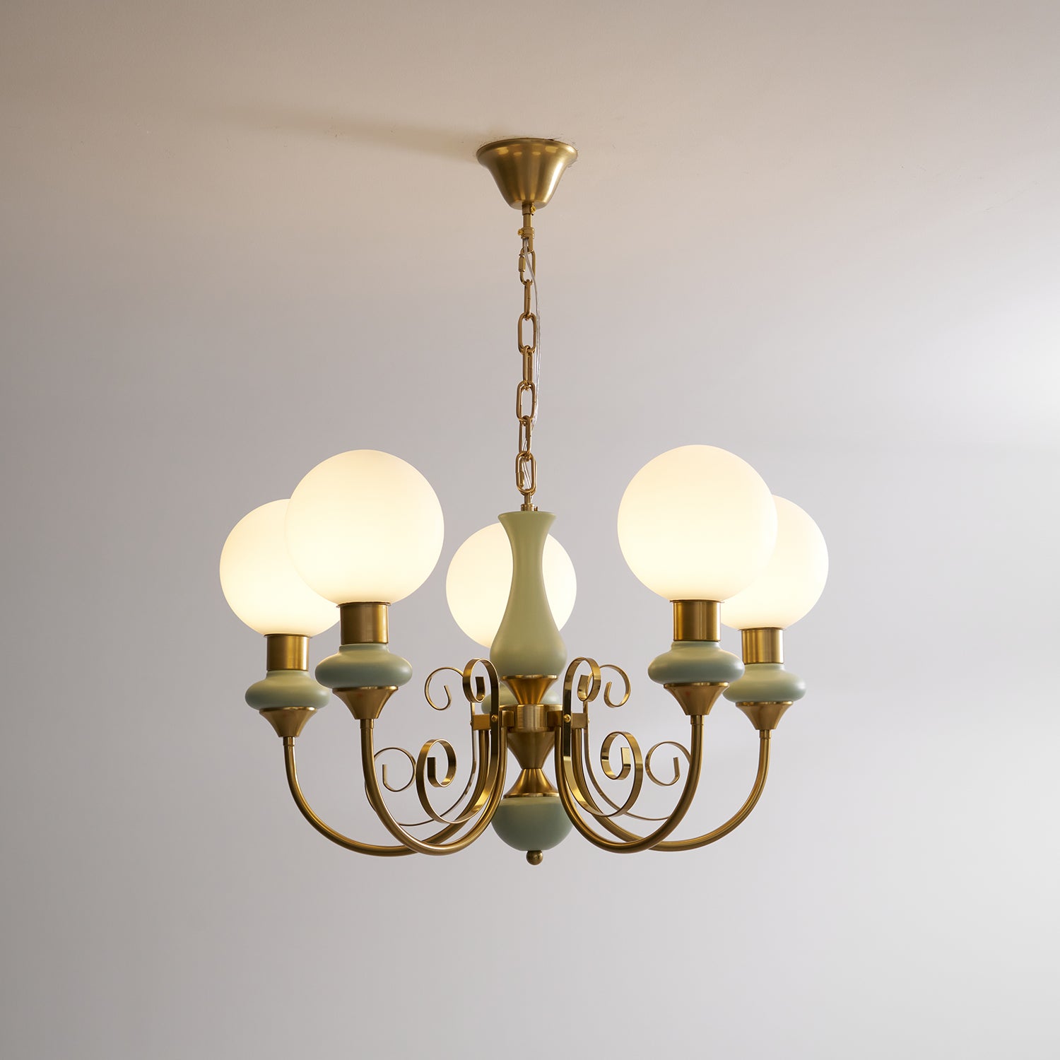 Lustra Chandelier Green Shades Gold Curved Arms - Letslighting