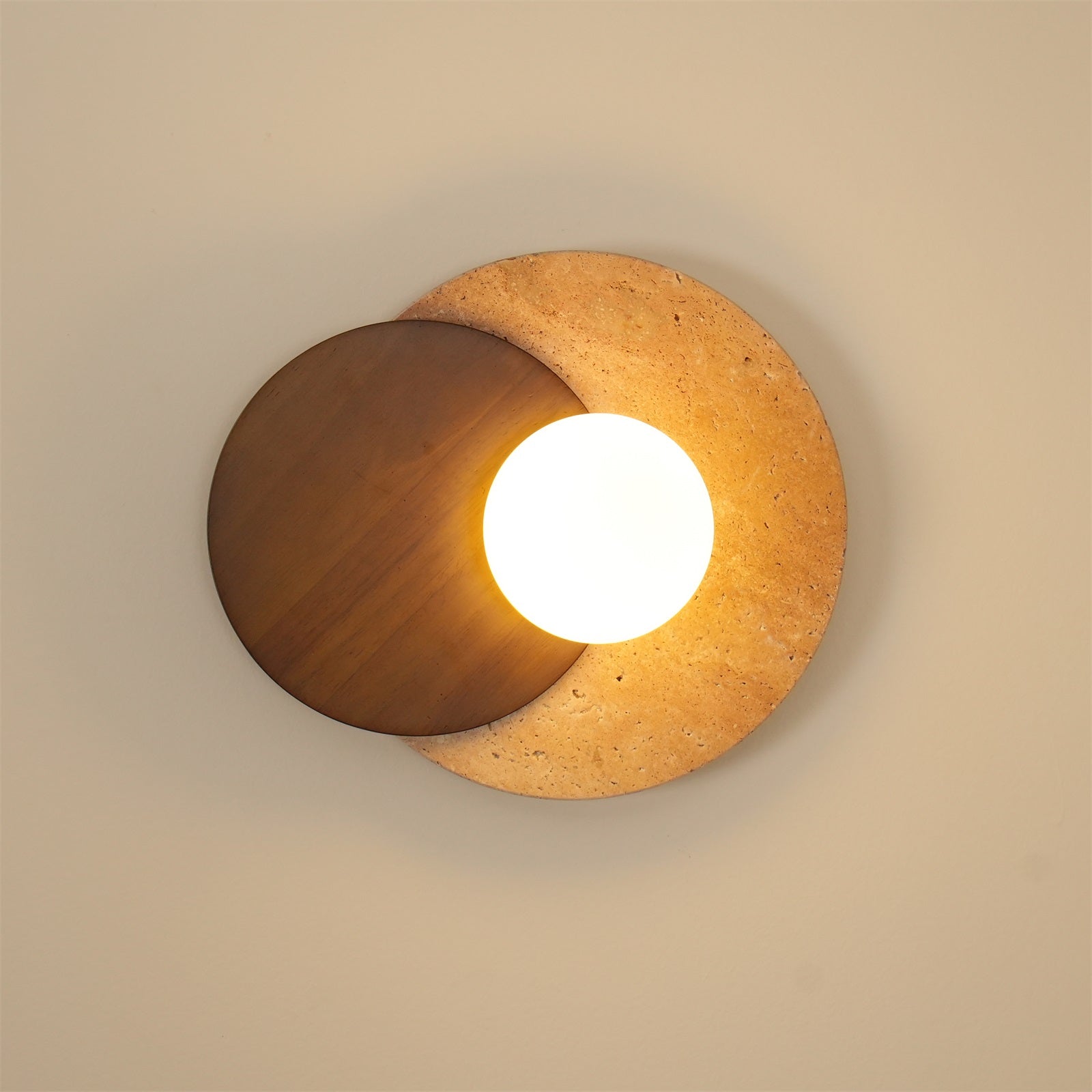 Virelli Applique Murale Disques Superposés en Travertin Bois de Noyer Scandinave - Neutralighting