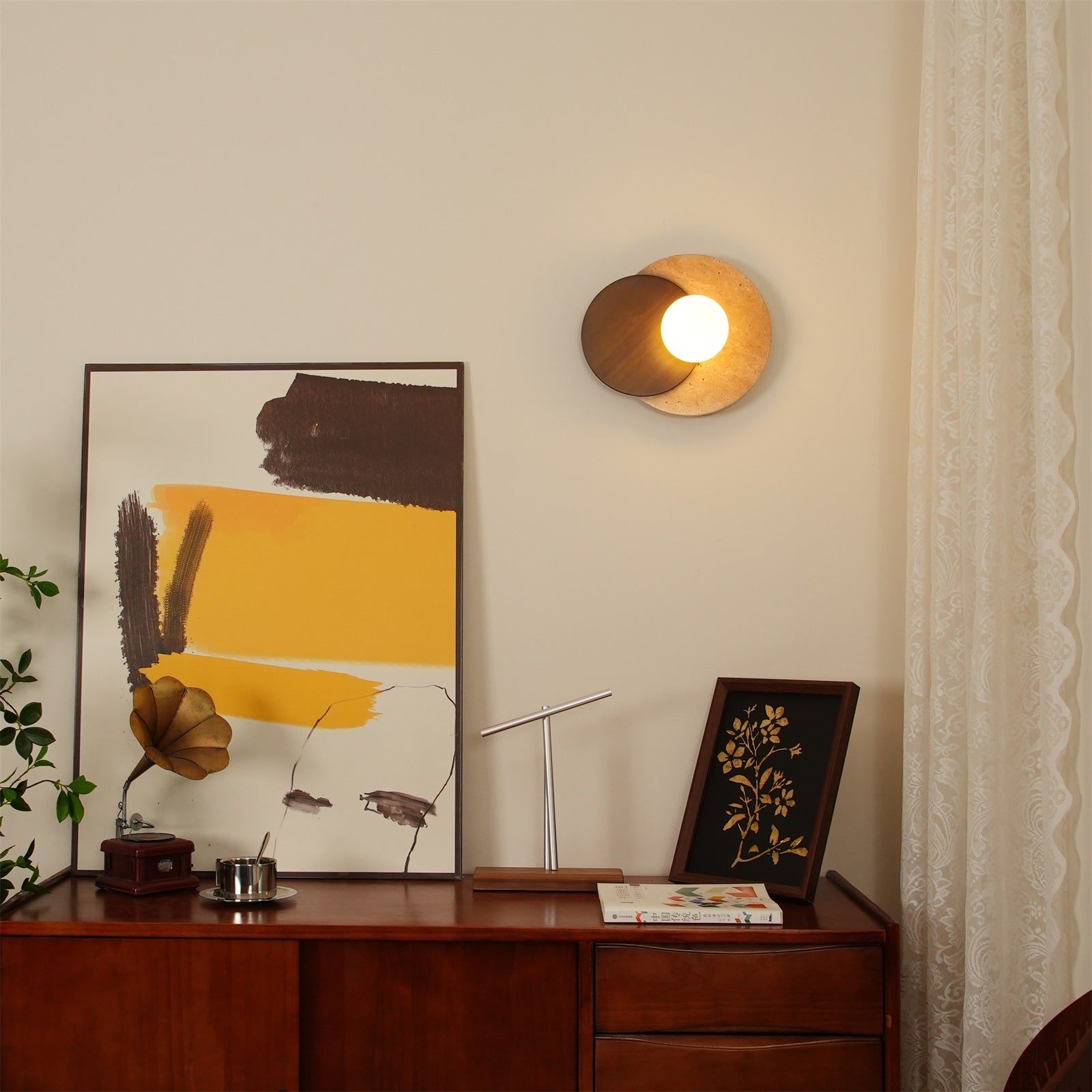 Virelli Applique Murale Disques Superposés en Travertin Bois de Noyer Scandinave - Neutralighting