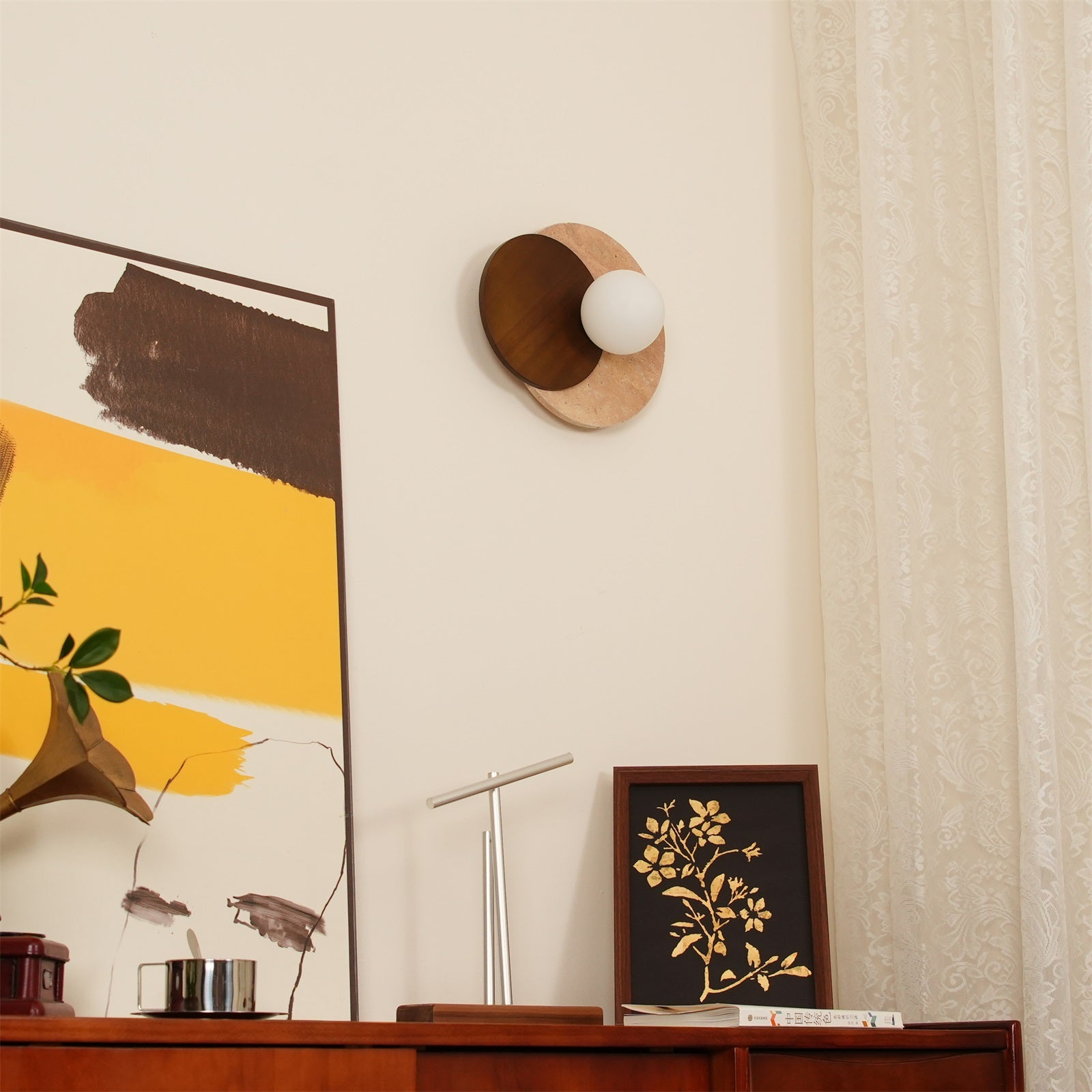 Virelli Applique Murale Disques Superposés en Travertin Bois de Noyer Scandinave - Neutralighting