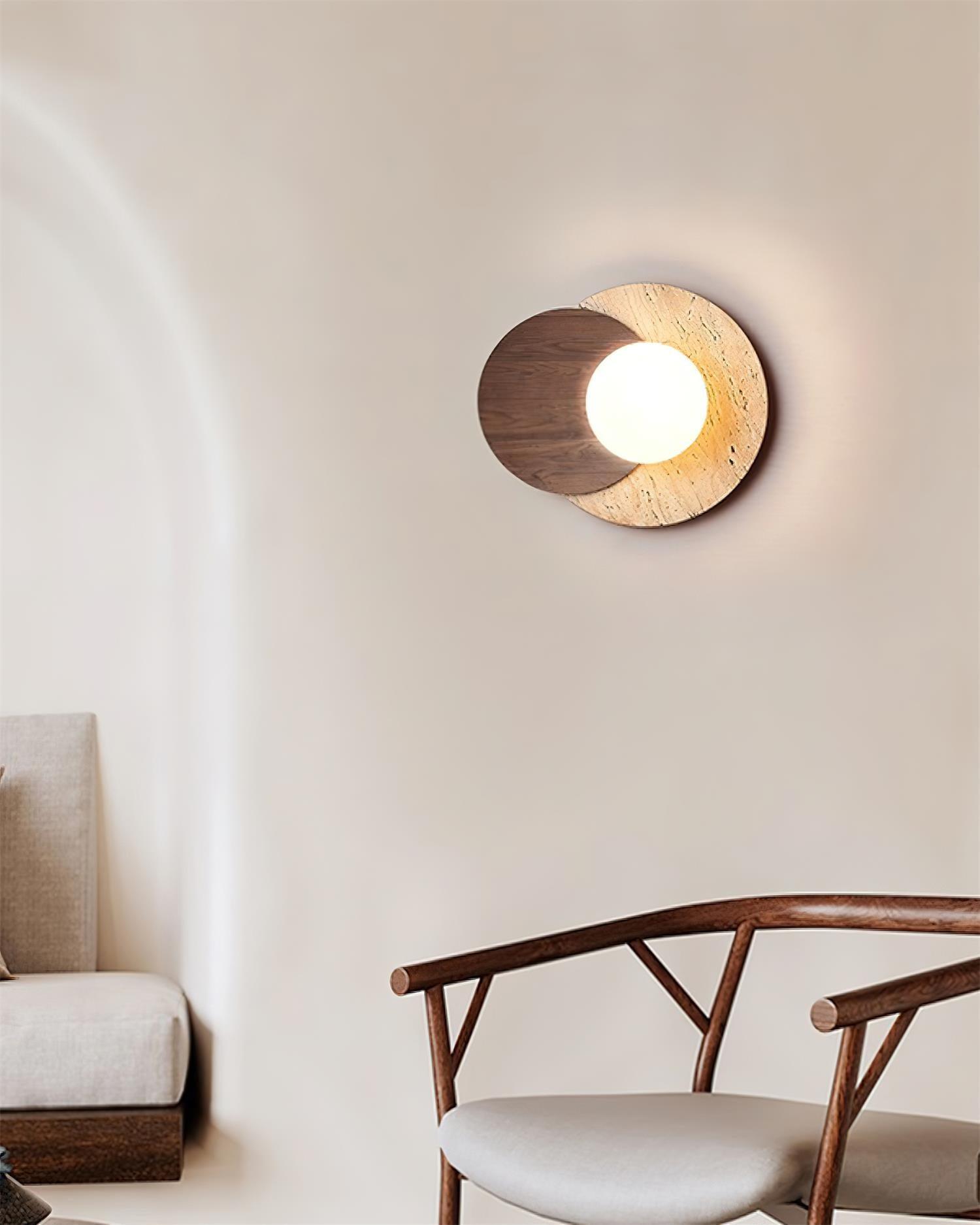 Virelli Applique Murale Disques Superposés en Travertin Bois de Noyer Scandinave - Neutralighting