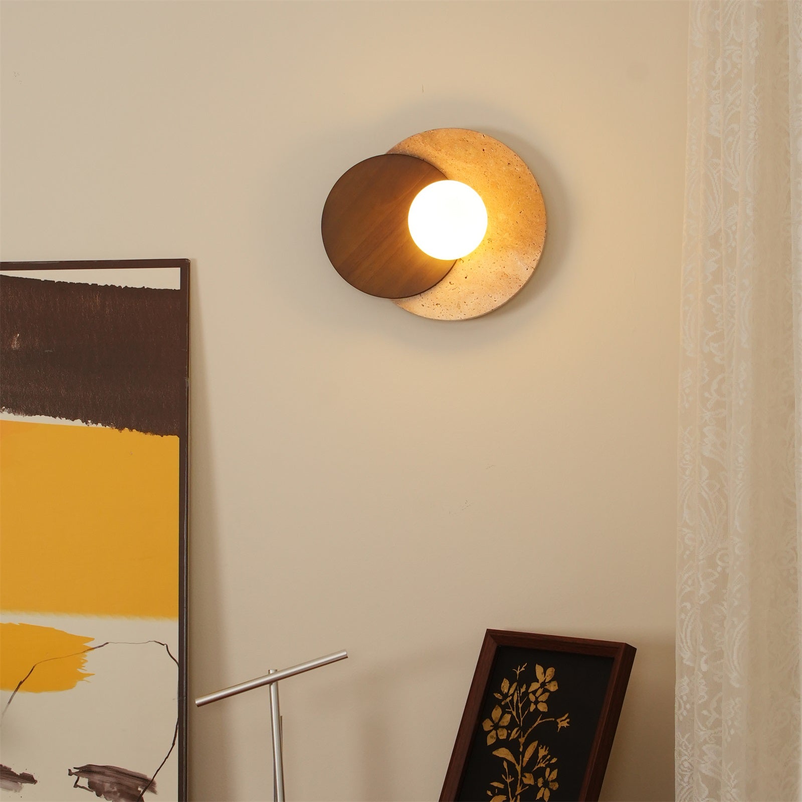 Virelli Applique Murale Disques Superposés en Travertin Bois de Noyer Scandinave - Neutralighting