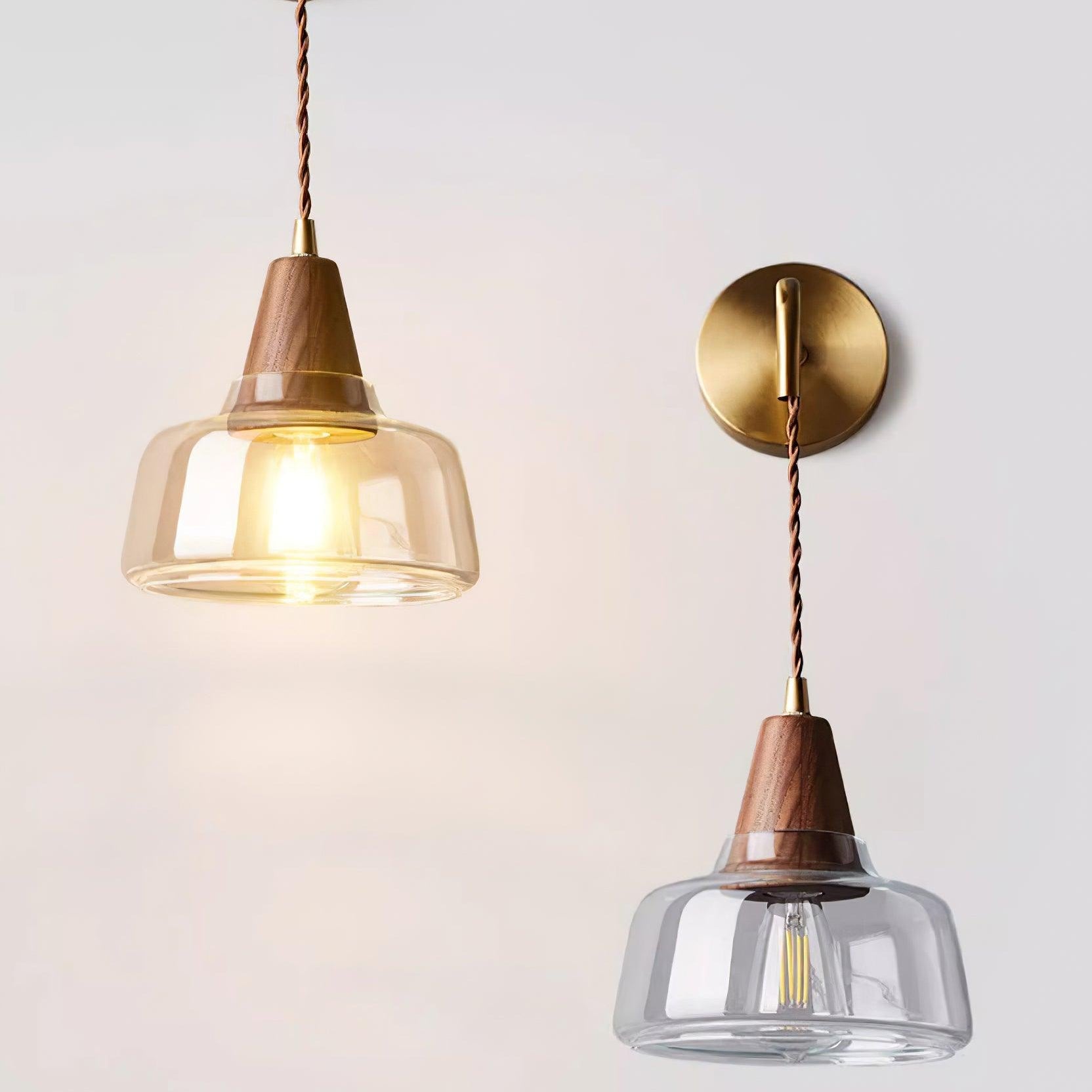 Wall Lamp Amber Glass Shade Tapered Walnut Accent Soft Glow Modern - Letslighting