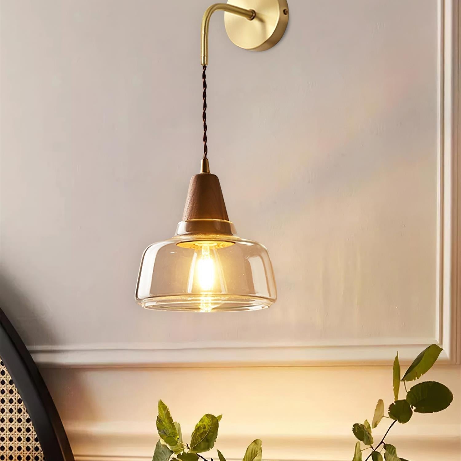 Wall Lamp Amber Glass Shade Tapered Walnut Accent Soft Glow Modern - Letslighting