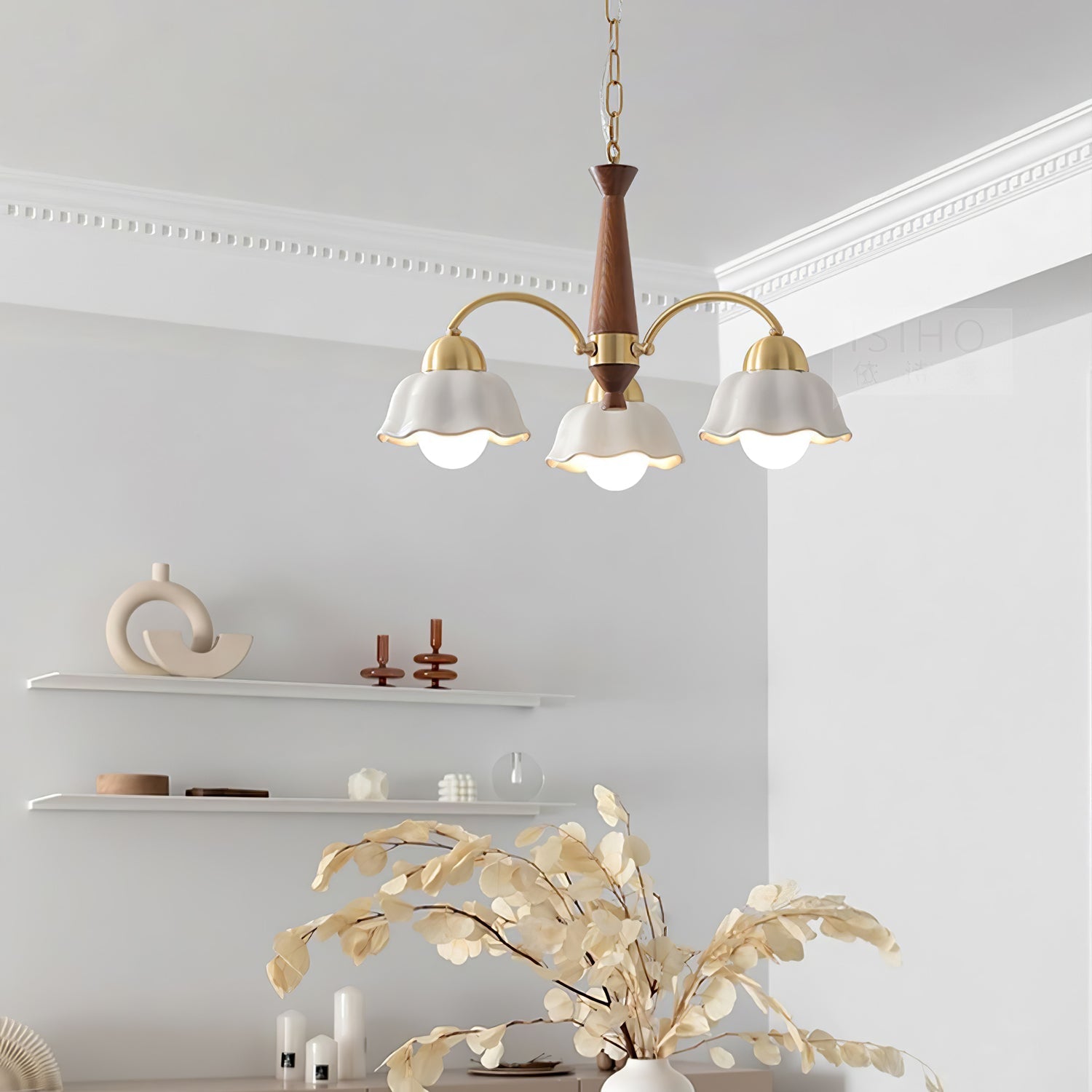 Silva Vintage LED Multi Flower Ceramic Bulbs Metal Wood Bedroom Living Room Pendant Light