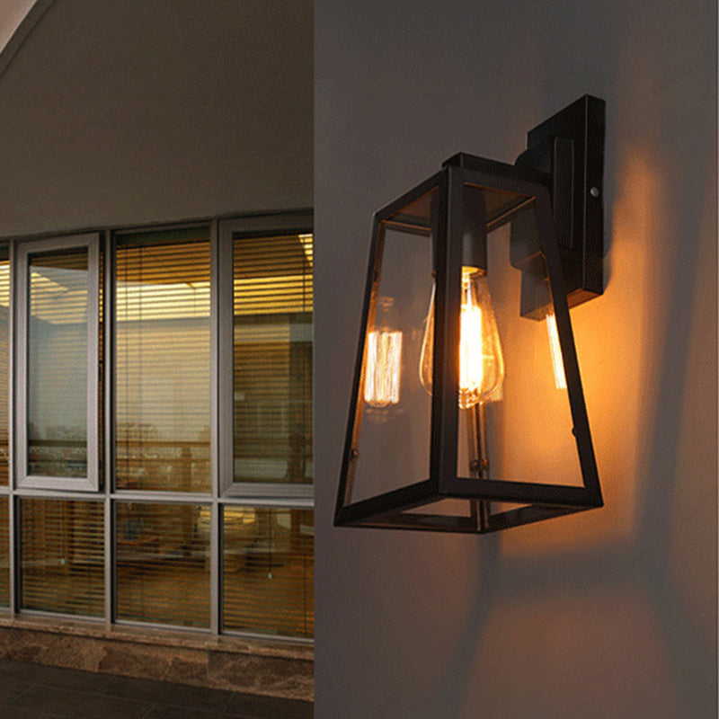 Austin Retro Black Industrial Lantern Wall Lamp, Metal & Glass