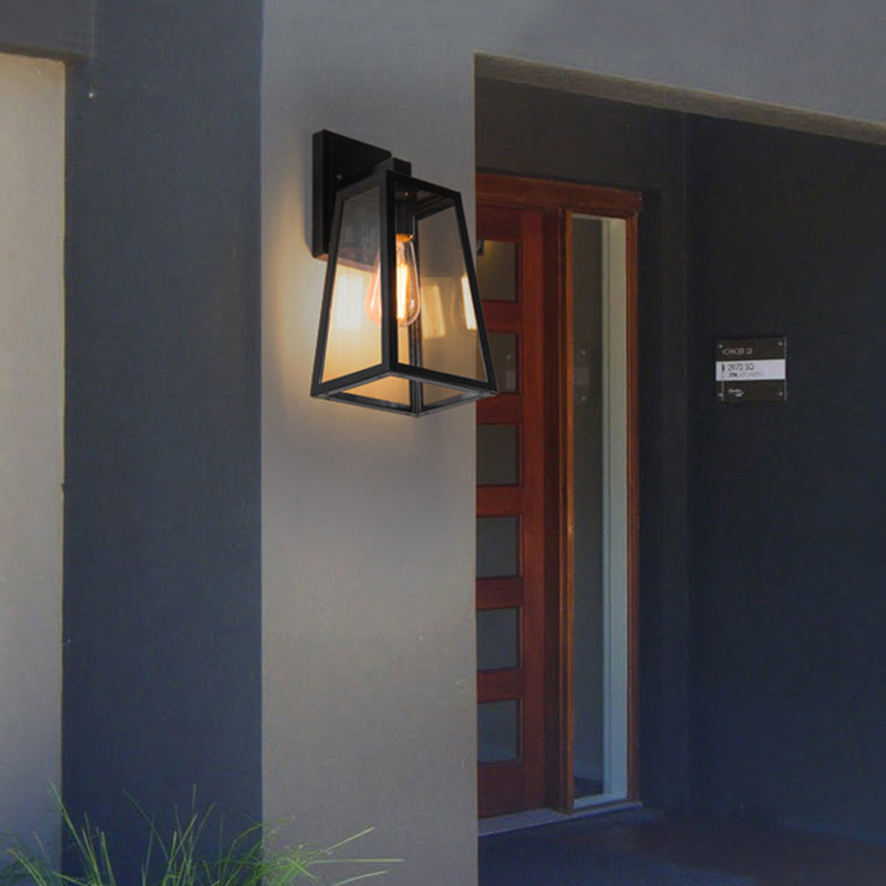 Austin Retro Black Industrial Lantern Wall Lamp, Metal & Glass