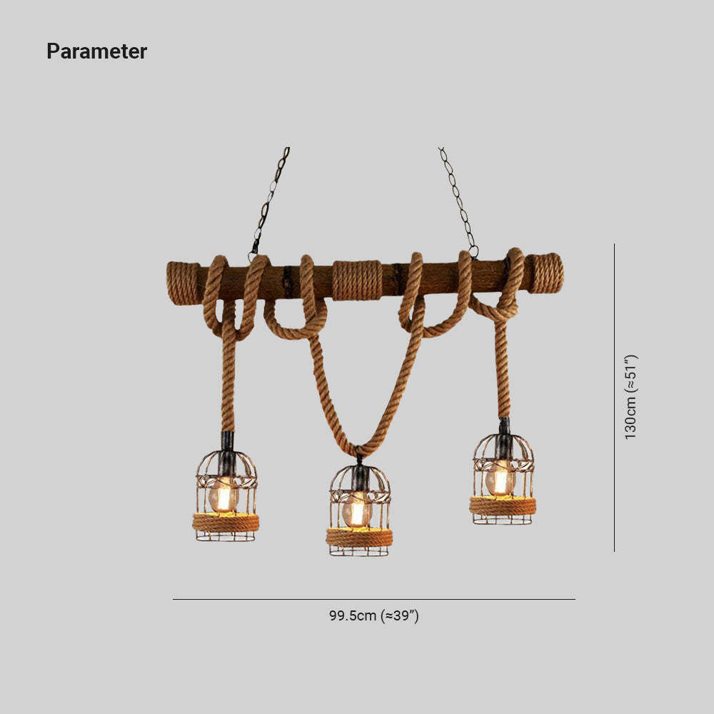 Silva Vintage 3 Heads Wood Rope Pendant Light