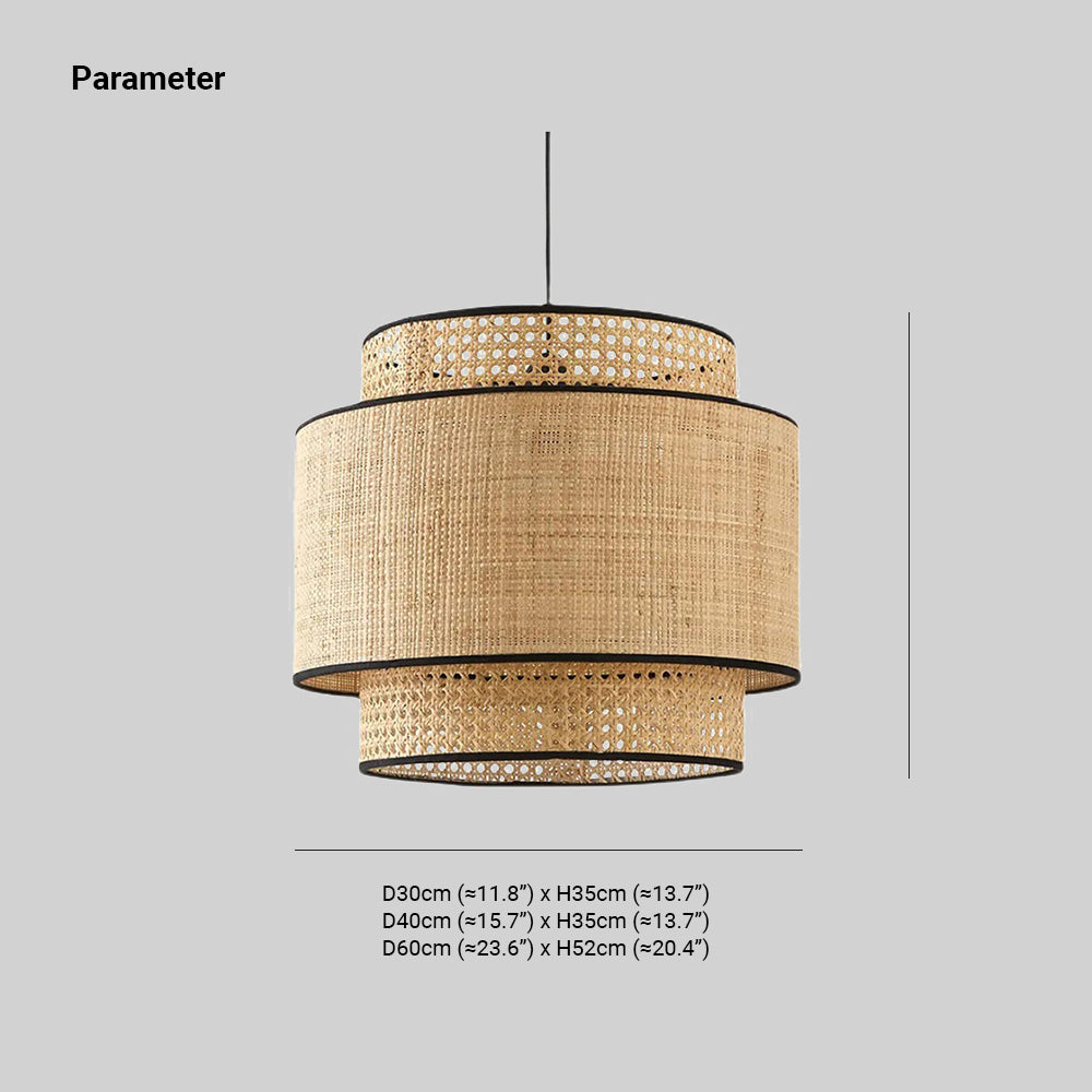 Ritta Wabi Sabi Tri-Layer Cylindrical Rattan/Metal Pendant Light, Wooden