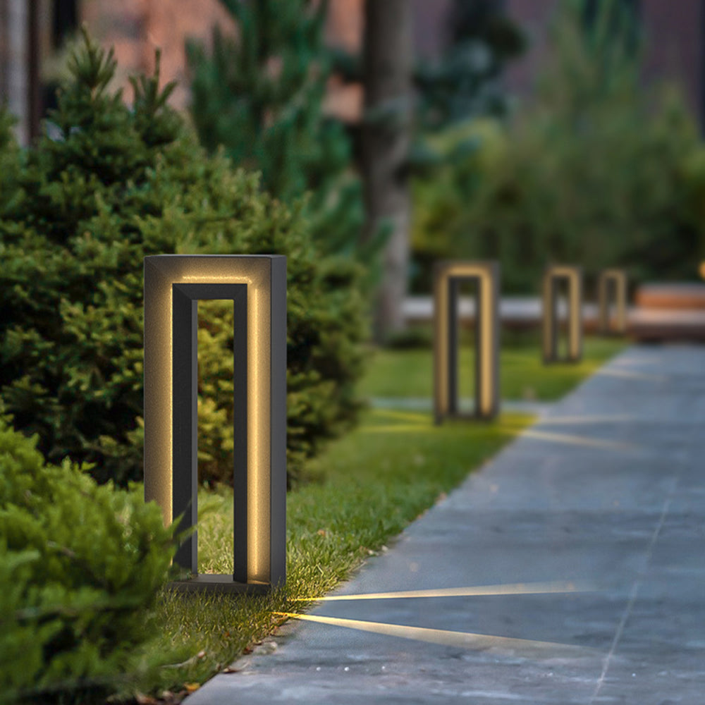 Ray Modern Metal Hollow Rectangular Solar Outdoor Path Light, Black