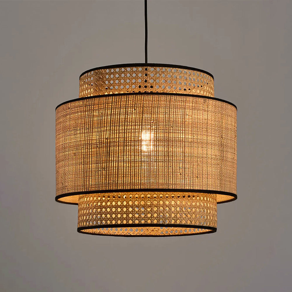 Ritta Wabi Sabi Tri-Layer Cylindrical Rattan/Metal Pendant Light, Wooden