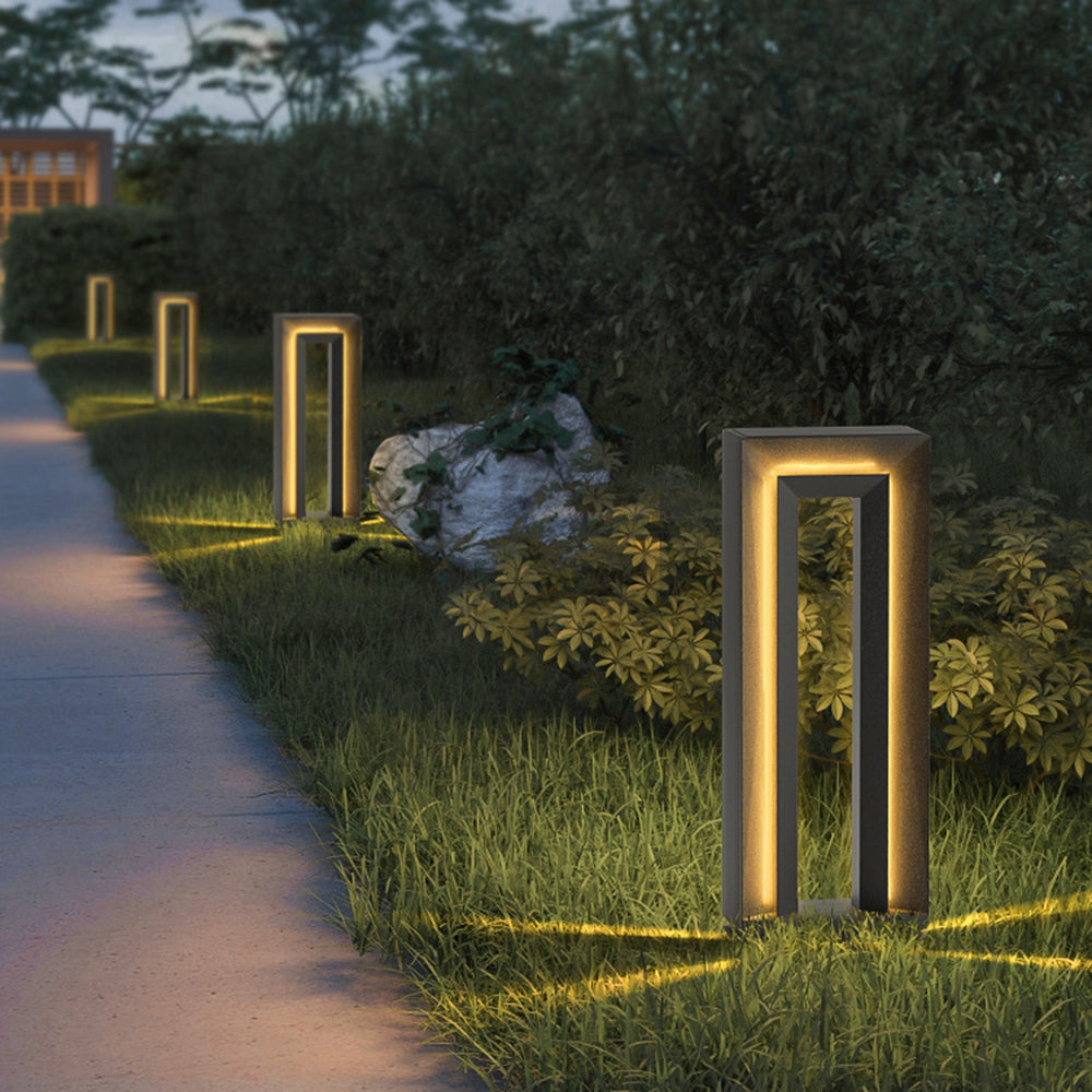 Ray Modern Metal Hollow Rectangular Solar Outdoor Path Light, Black