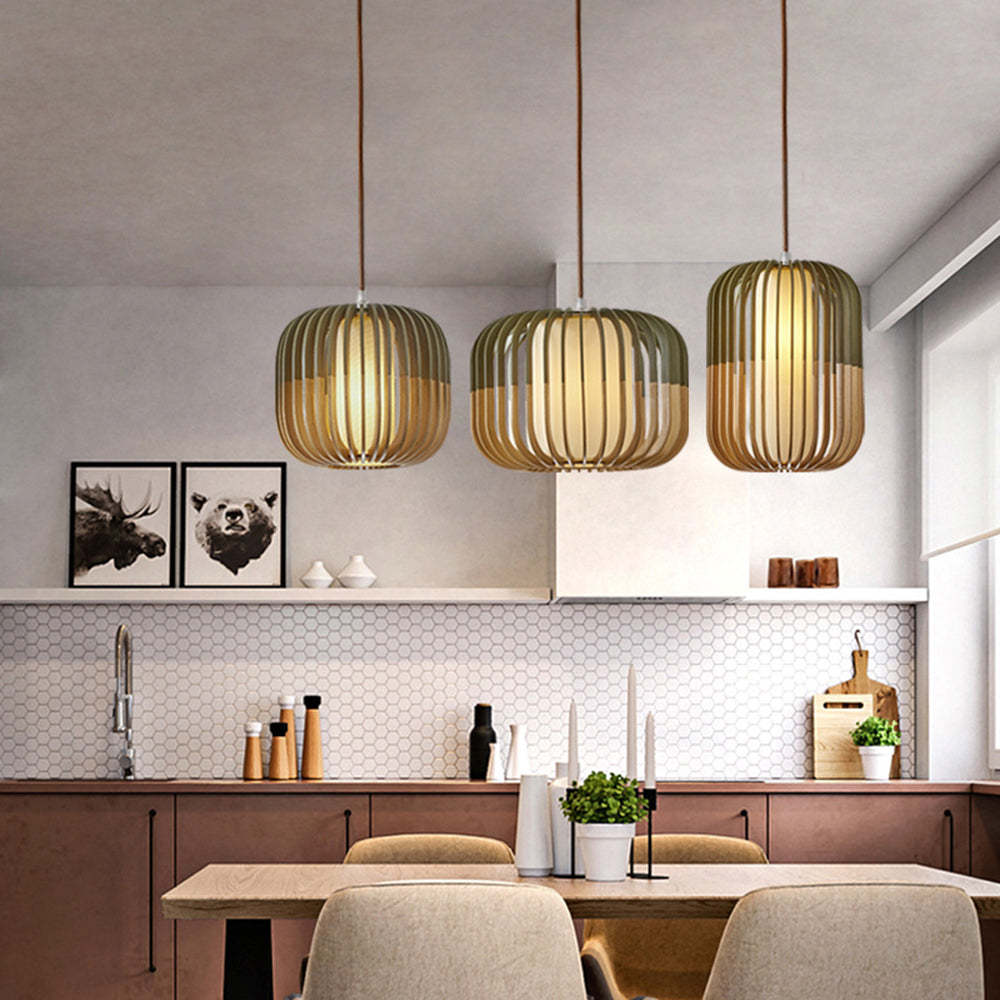 Muto Modern Birdcage Wood Pendant Light