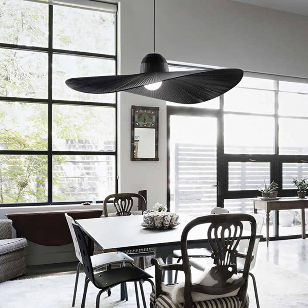 Ritta Modern Woven Wide-Brimmed Hat Shape Metal/Fabric Pendant Light, Black/White