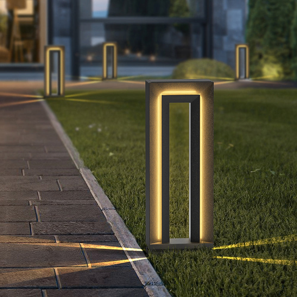 Ray Modern Metal Hollow Rectangular Solar Outdoor Path Light, Black