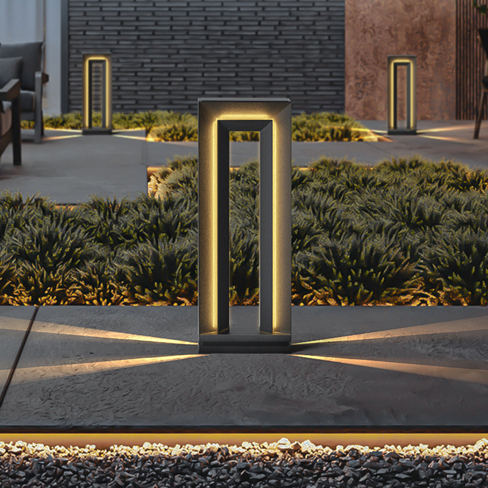 Ray Modern Metal Hollow Rectangular Solar Outdoor Path Light, Black