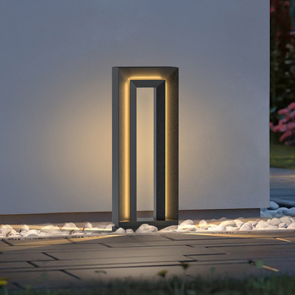 Ray Modern Metal Hollow Rectangular Solar Outdoor Path Light, Black