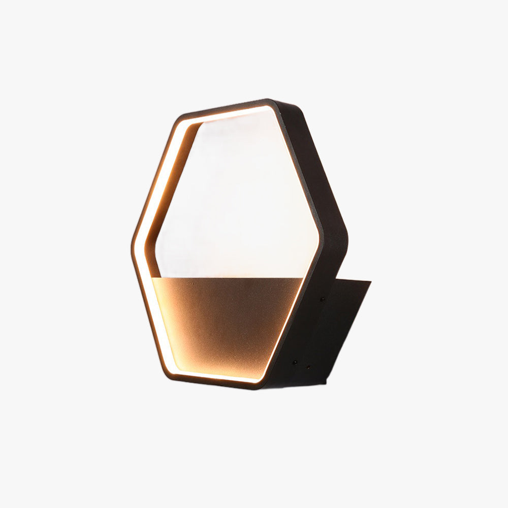 Ray Minimalist Hexagonal Ring With Shelf Metal Outdoor Wall Lamp, Black