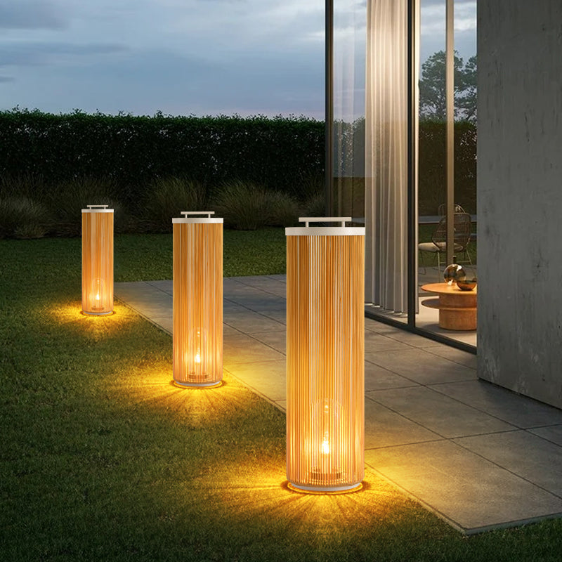 Ray Retro Metal/Rattan Floor Lamp, Hardwired/Solar/LED, Outdoor