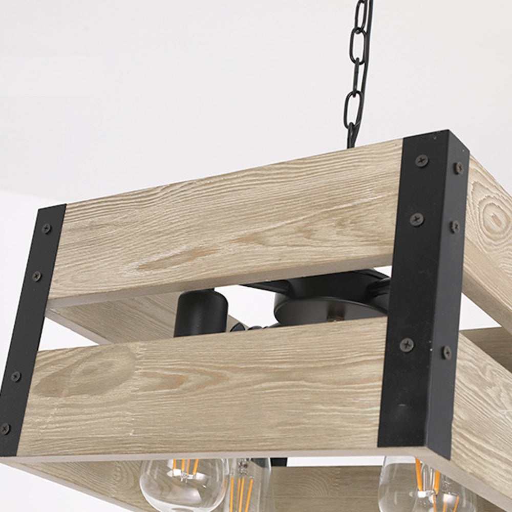 Silva Retro Square Metal & Wood Pendant Light, 4 Heads, 2 Style